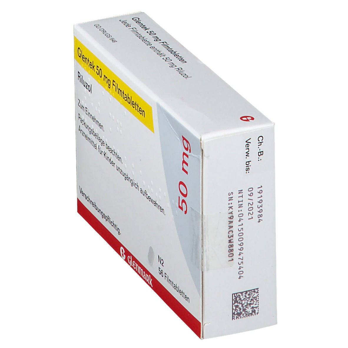 Schachtel mit Glentek 50 mg Filmtabletten. Aufschrift: Riluzol, 50 mg, N2, 56 Filmtabletten. Hersteller: Glenmark. Barcode und Chargennummer.