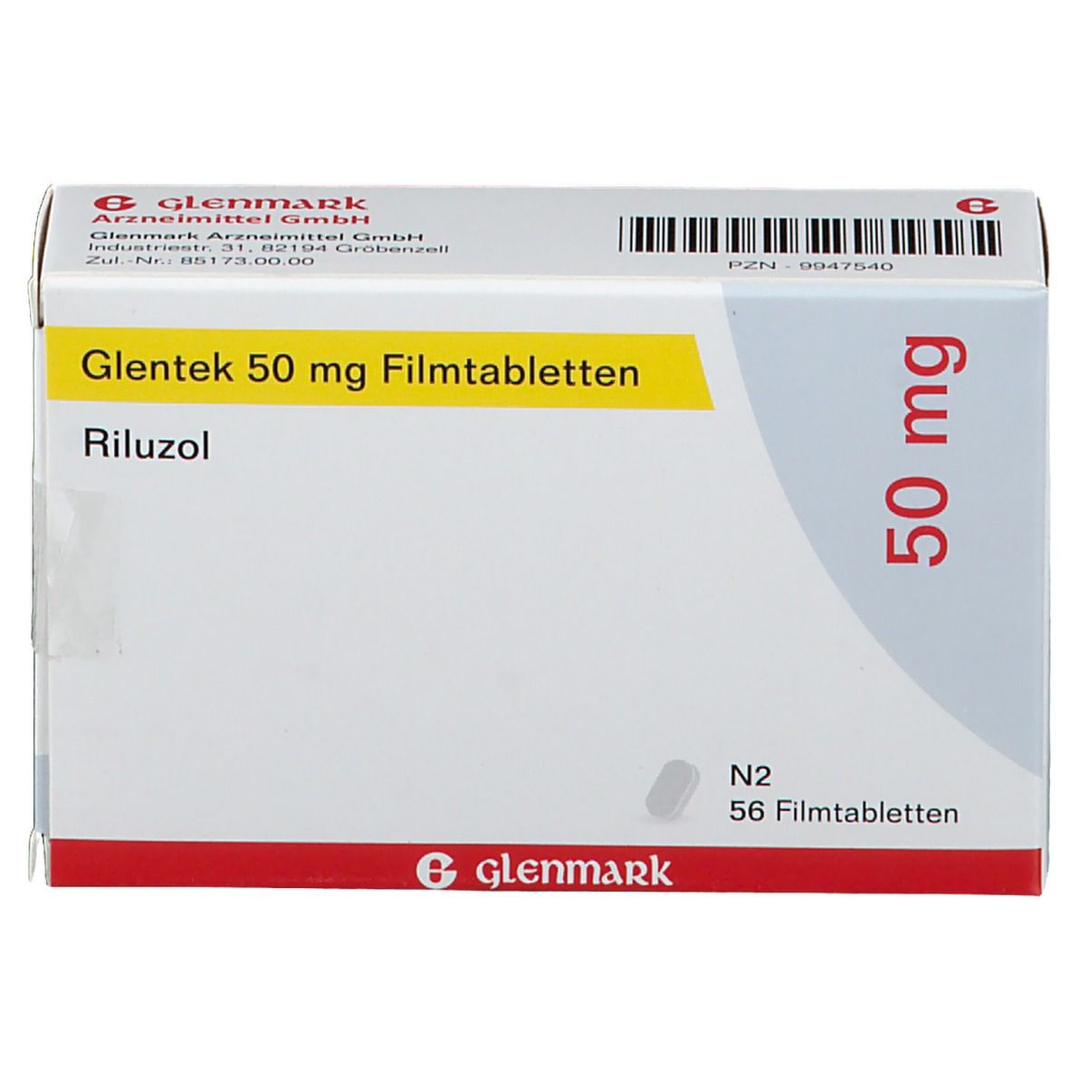 Schachtel mit Glentek 50 mg Filmtabletten. Aufschrift: Riluzol, 50 mg, N2, 56 Filmtabletten. Hersteller: Glenmark.