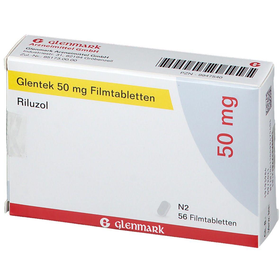 Schachtel mit Glentek 50 mg Filmtabletten. Aufschrift: Riluzol, 50 mg, N2, 56 Filmtabletten. Hersteller: Glenmark.
