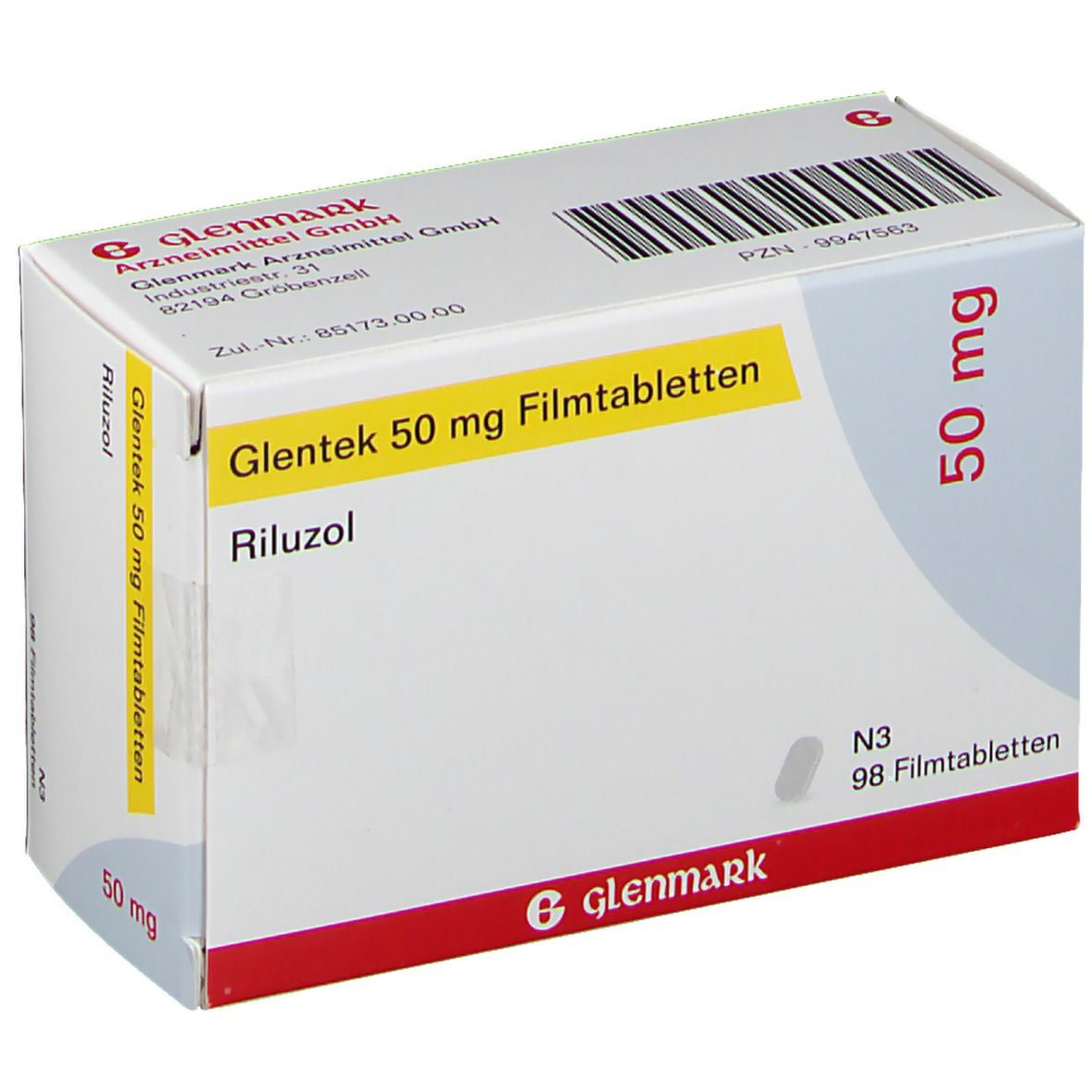 Schachtel mit Glentek 50 mg Filmtabletten. Aufschrift: Riluzol, 50 mg, N3, 98 Filmtabletten. Herstellerlogo Glenmark.