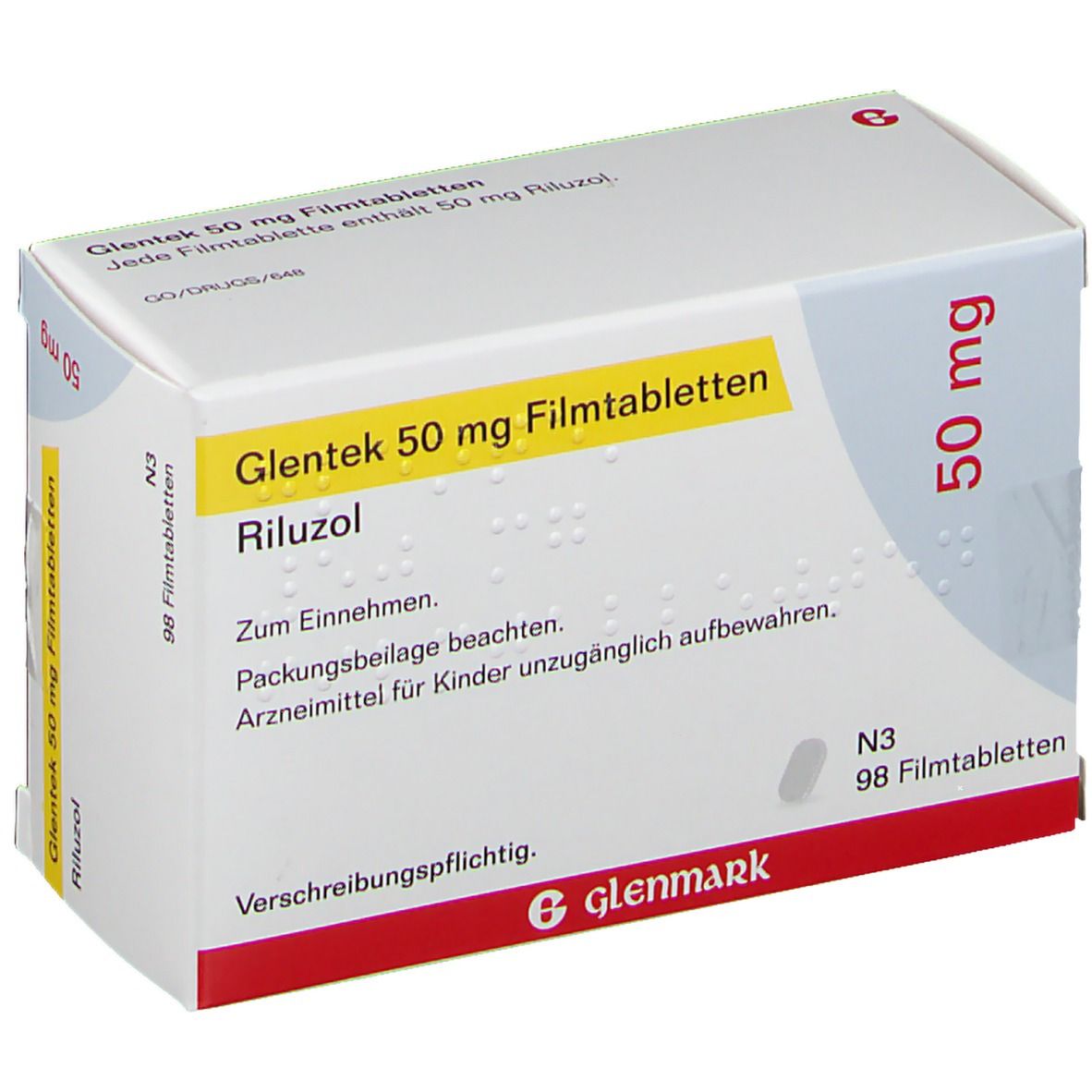 Schachtel mit Glentek 50 mg Filmtabletten. Aufschrift: Riluzol, 50 mg, N3, 98 Filmtabletten. Herstellerlogo Glenmark. Text: Zum Einnehmen.