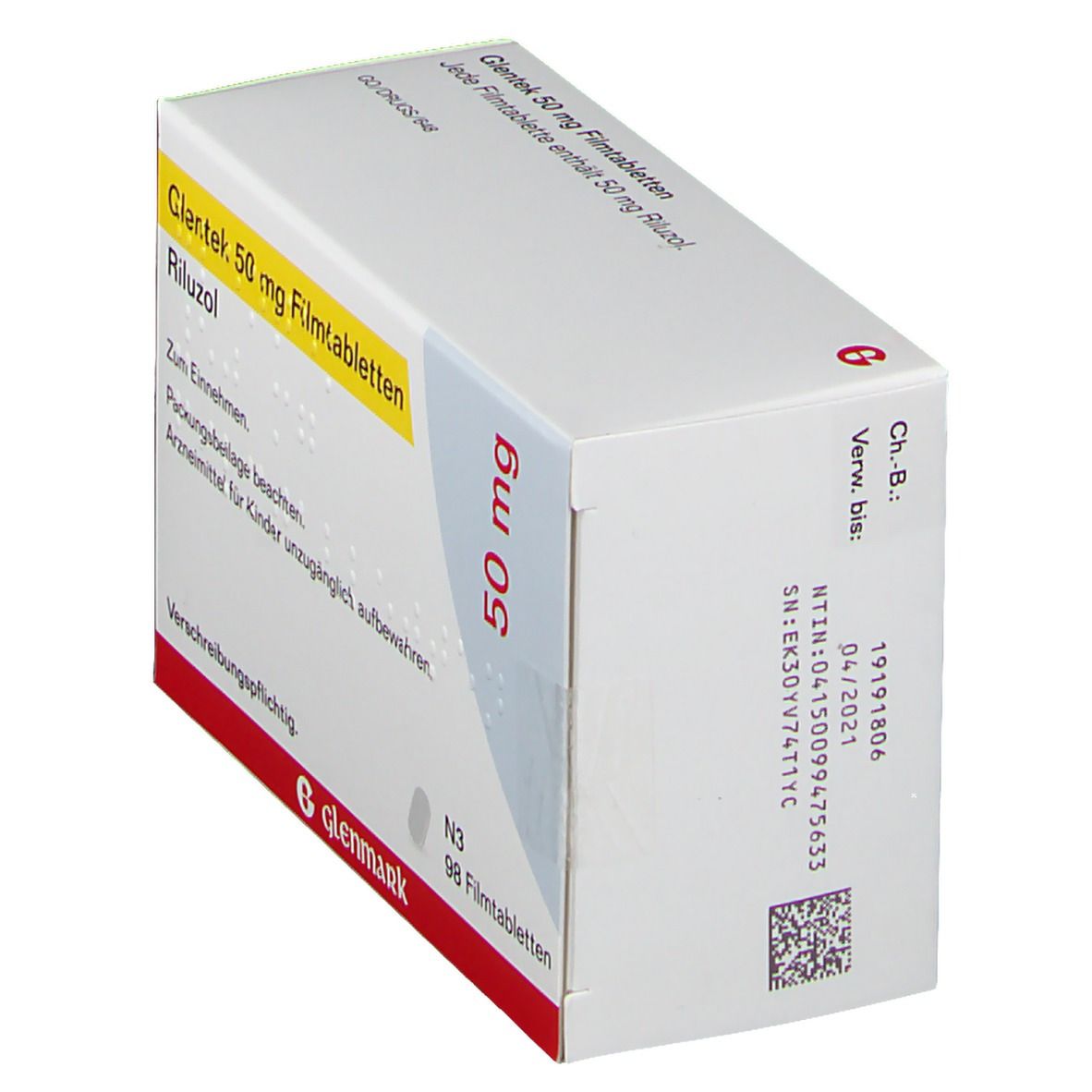 Schachtel mit Glentek 50 mg Filmtabletten. Aufschrift: Riluzol, 50 mg. Herstellerlogo Glenmark. Barcode und QR-Code. Text: Zum Einnehmen.