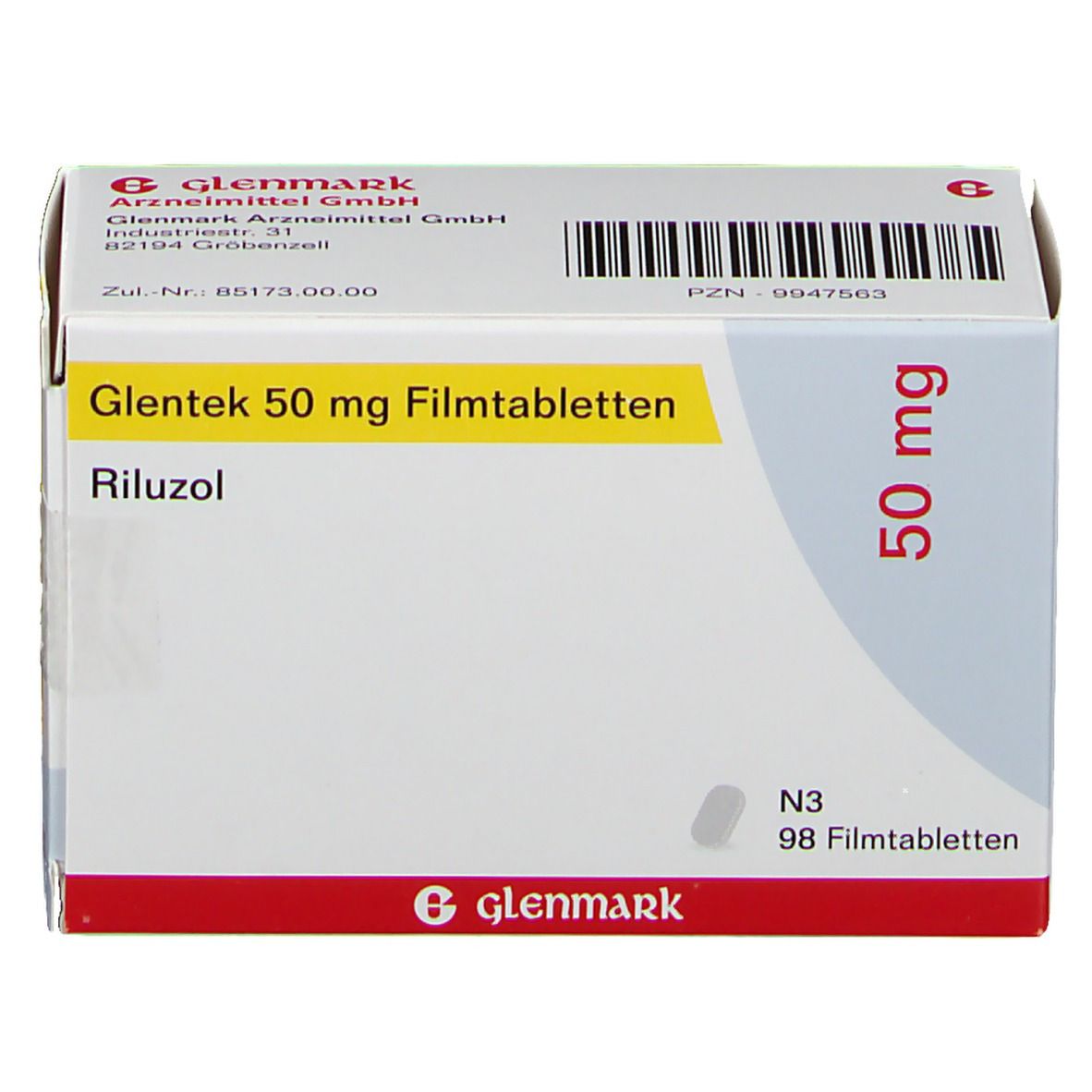 Schachtel mit Glentek 50 mg Filmtabletten. Aufschrift: Riluzol, 50 mg, N3, 98 Filmtabletten. Herstellerlogo Glenmark.