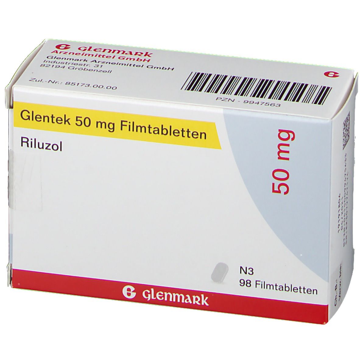 Schachtel mit Glentek 50 mg Filmtabletten. Aufschrift: Riluzol, 50 mg, N3, 98 Filmtabletten. Herstellerlogo Glenmark.