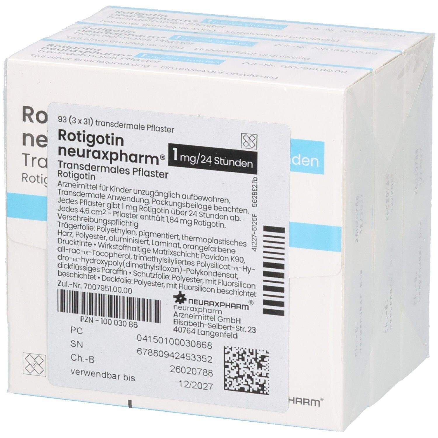 Verpackung von transdermalen Pflastern. Aufschrift: Rotigotin neuraxpharm 1 mg/24 Stunden. 93 Pflaster (3 x 31).