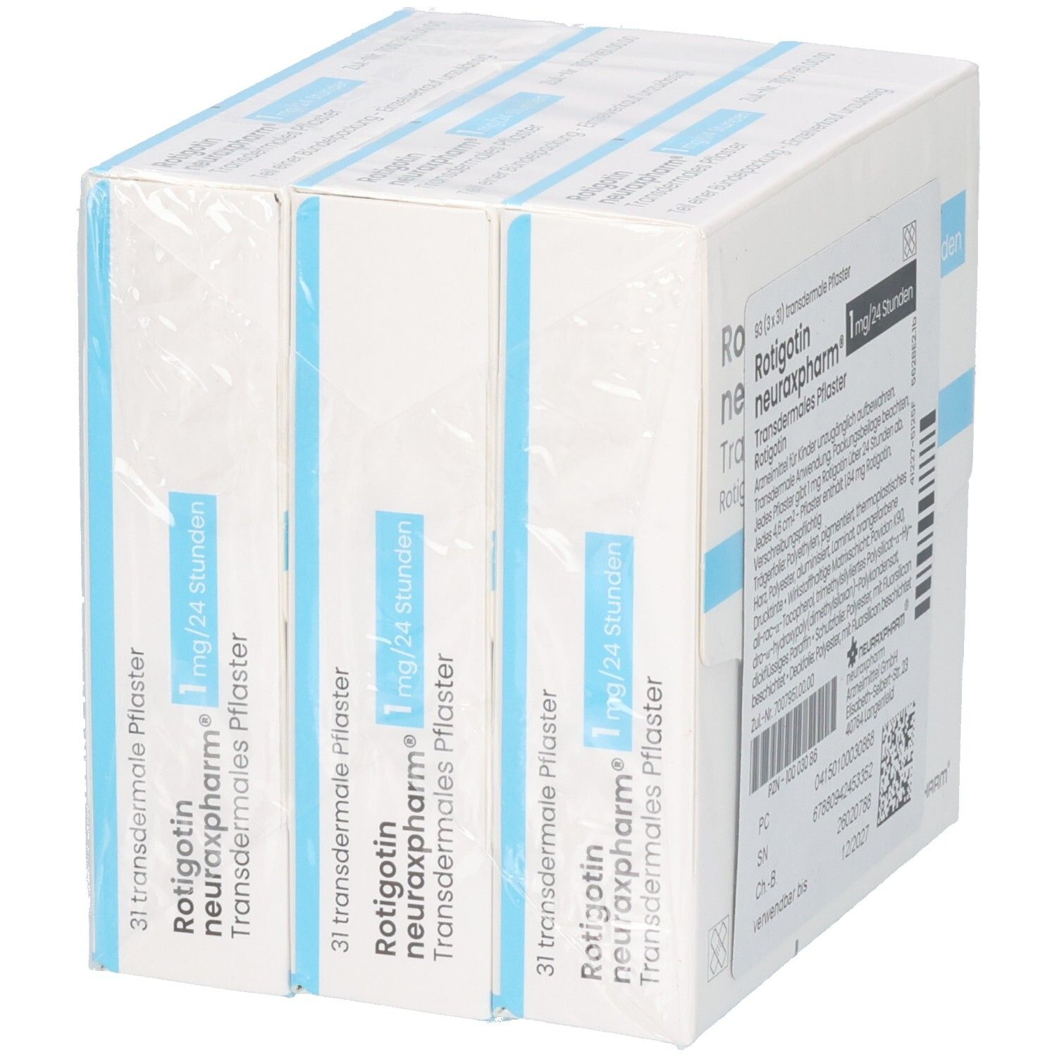 Verpackung von transdermalen Pflastern. Aufschrift: Rotigotin neuraxpharm 1 mg/24 Stunden. 3 x 31 Pflaster.