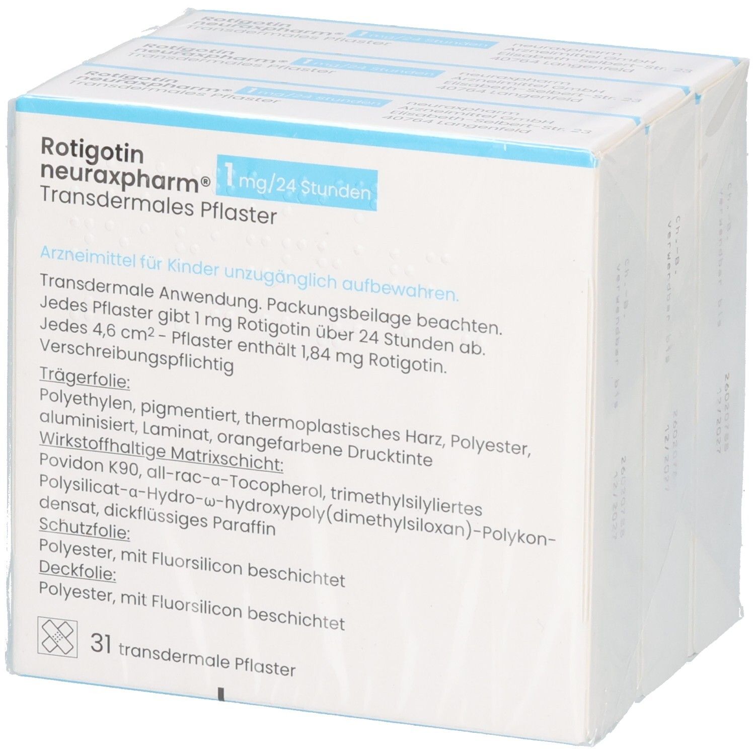 Verpackung von transdermalen Pflastern. Aufschrift: Rotigotin neuraxpharm 1 mg/24 Stunden. 31 Pflaster.