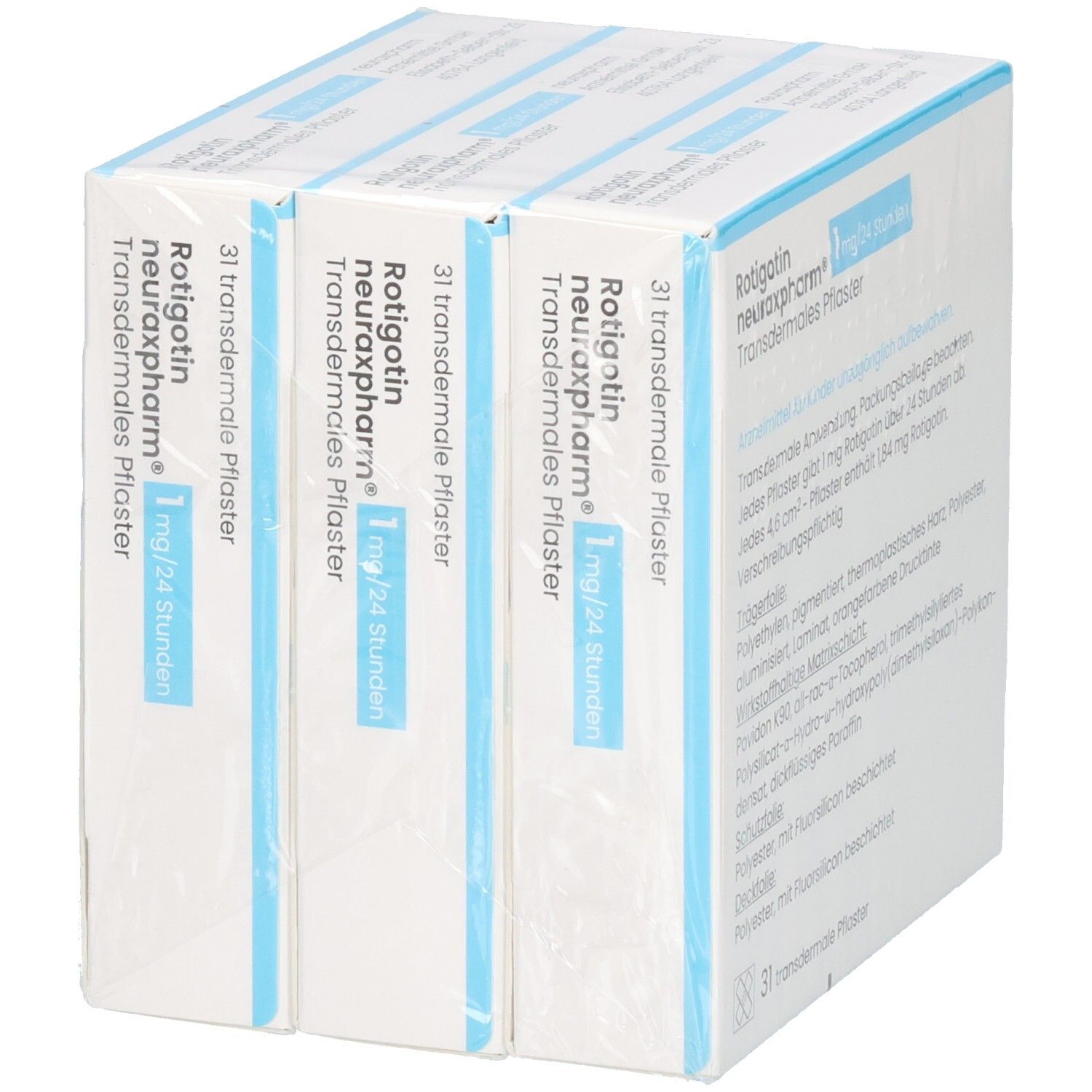 Verpackung von transdermalen Pflastern. Aufschrift: Rotigotin neuraxpharm 1 mg/24 Stunden. 3 x 31 Pflaster.