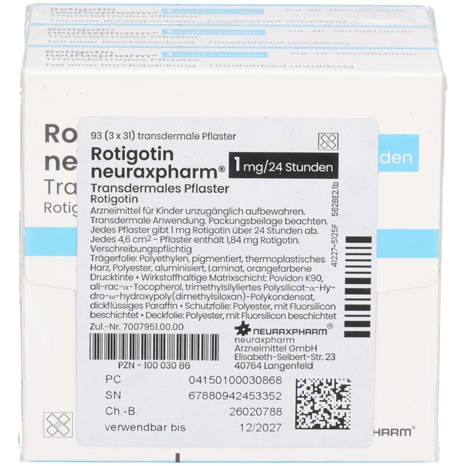 Verpackung von transdermalen Pflastern. Aufschrift: Rotigotin neuraxpharm 1 mg/24 Stunden. 93 Pflaster (3 x 31).