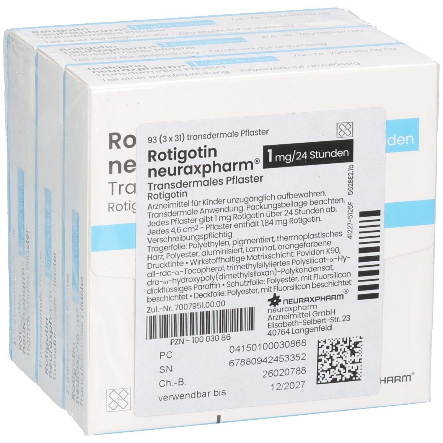 Verpackung von transdermalen Pflastern. Aufschrift: Rotigotin neuraxpharm 1 mg/24 Stunden. 93 Pflaster (3 x 31).