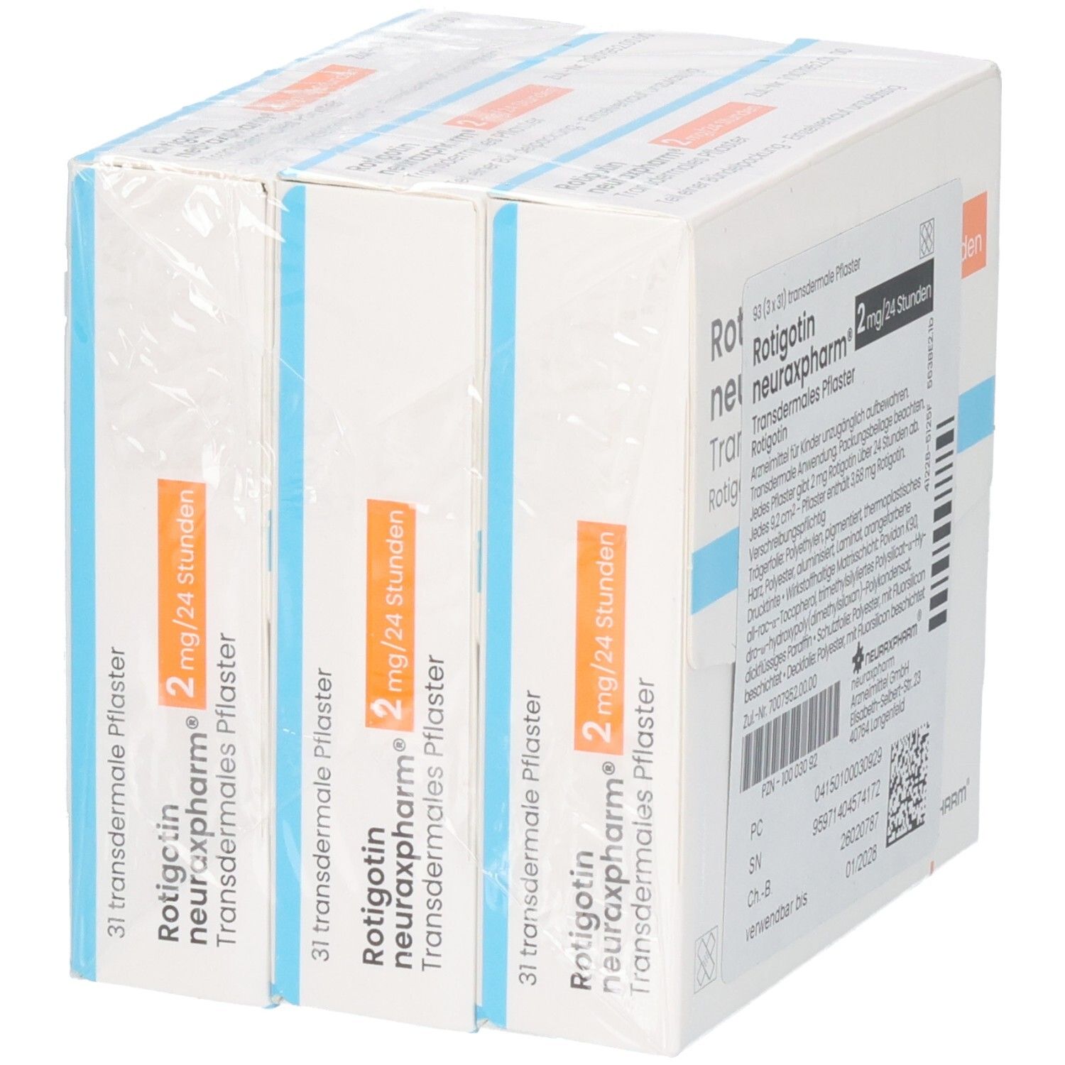 Drei Schachteln Rotigotin neuraxpharm 2 mg/24 h transdermale Pflaster, 3x31 Stück.