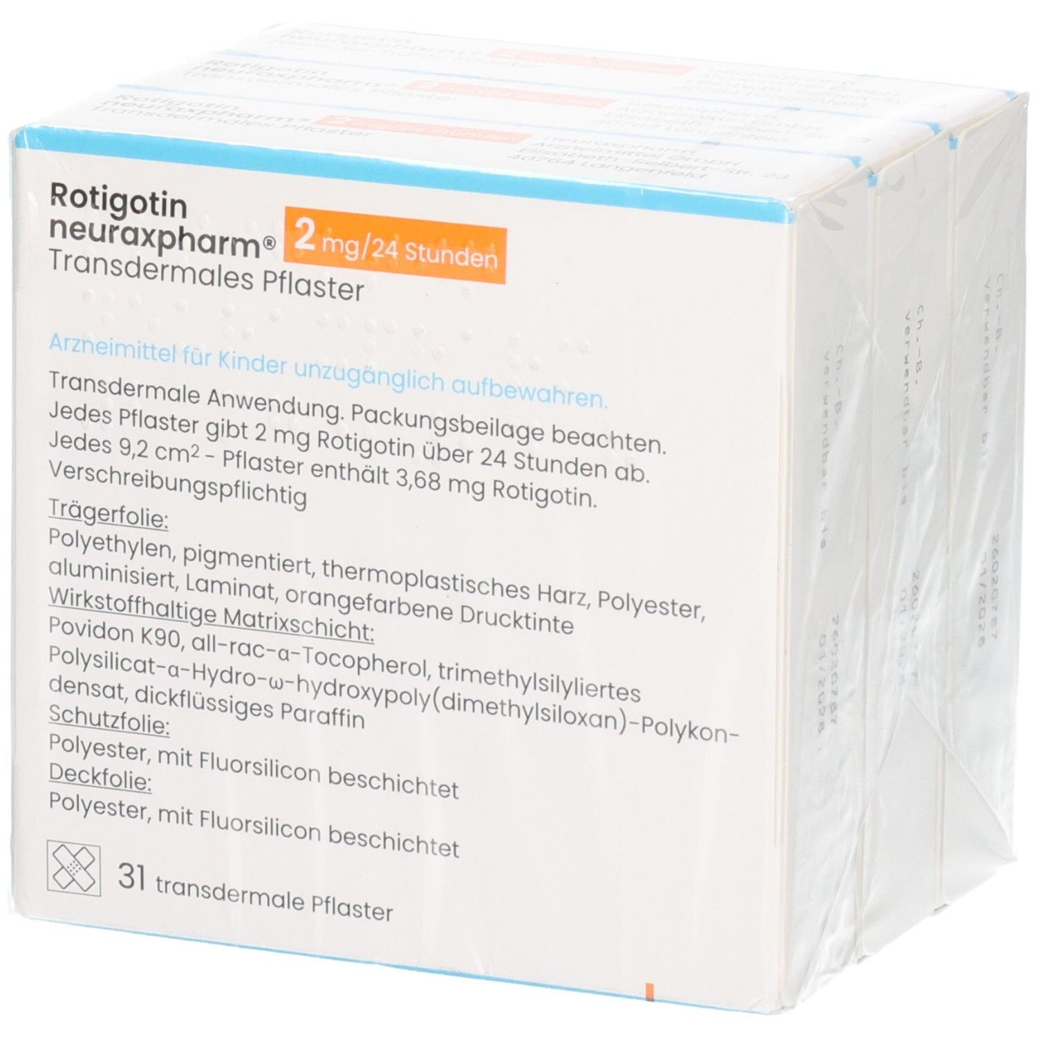 Schachtelrückseite mit Informationen zu Rotigotin neuraxpharm 2 mg/24 h transdermalen Pflastern.