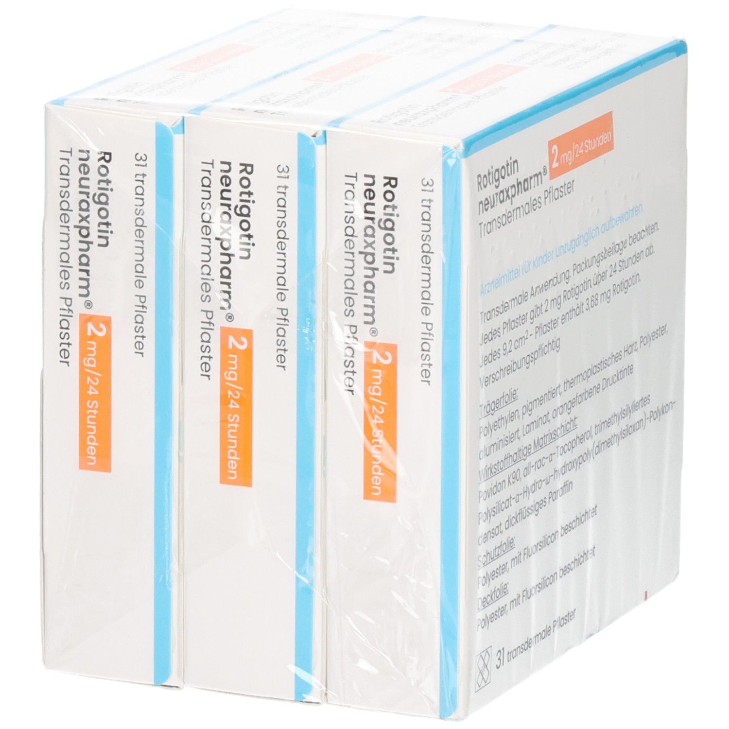 Drei Schachteln Rotigotin neuraxpharm 2 mg/24 h transdermale Pflaster, 3x31 Stück.