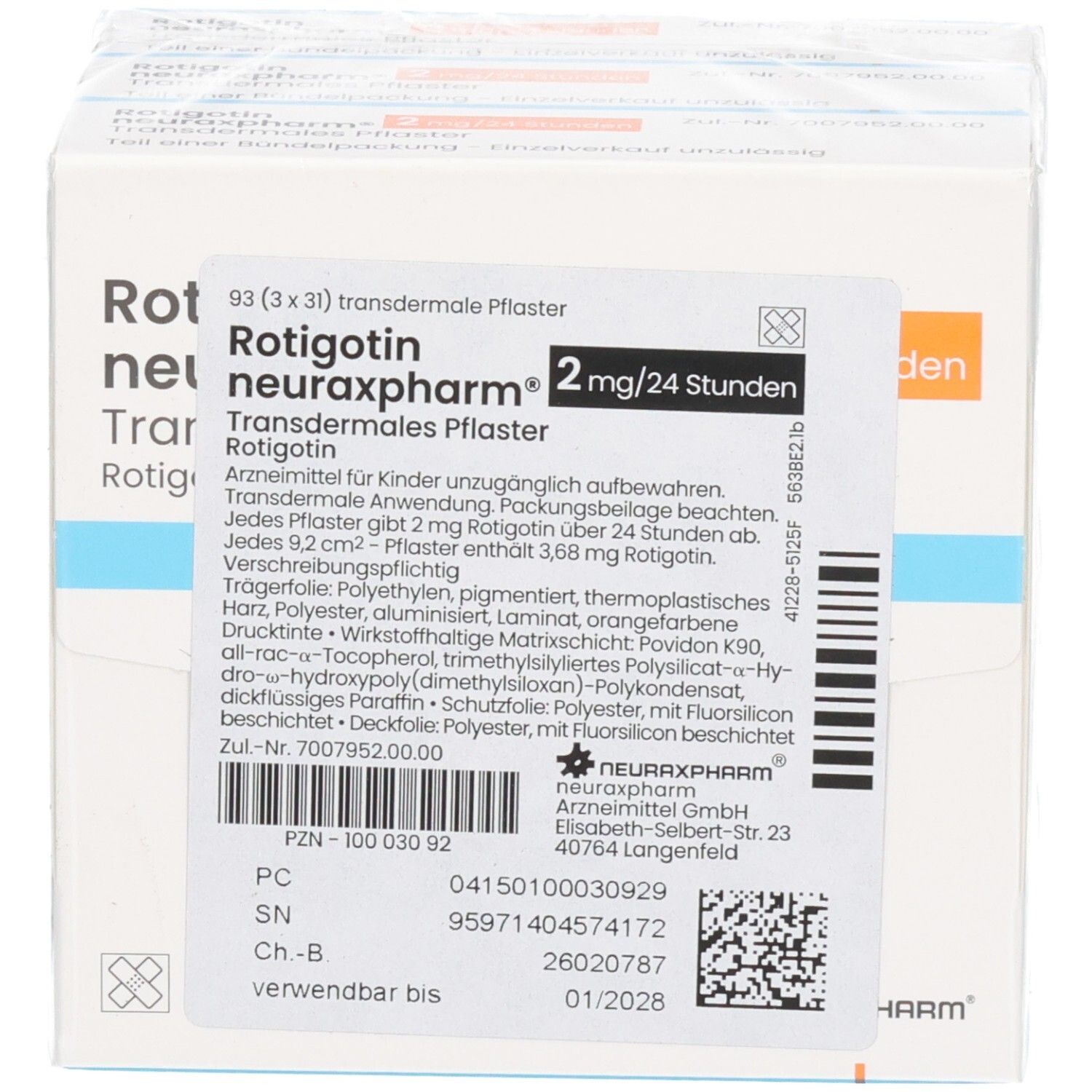 Schachtel mit Rotigotin neuraxpharm 2 mg/24 h transdermalen Pflastern, 93 Stück (3x31).