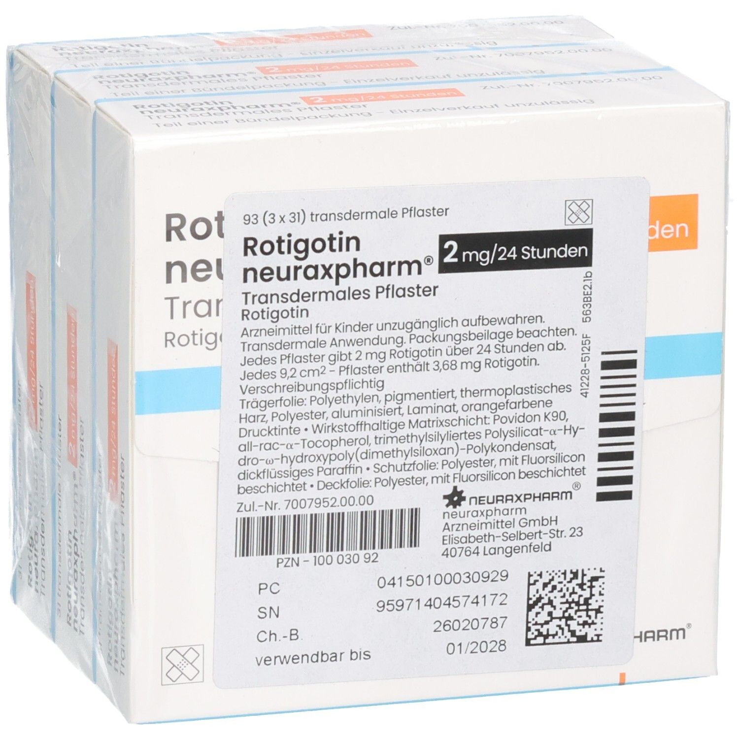 Schachtel mit Rotigotin neuraxpharm 2 mg/24 h transdermalen Pflastern, 93 Stück (3x31).