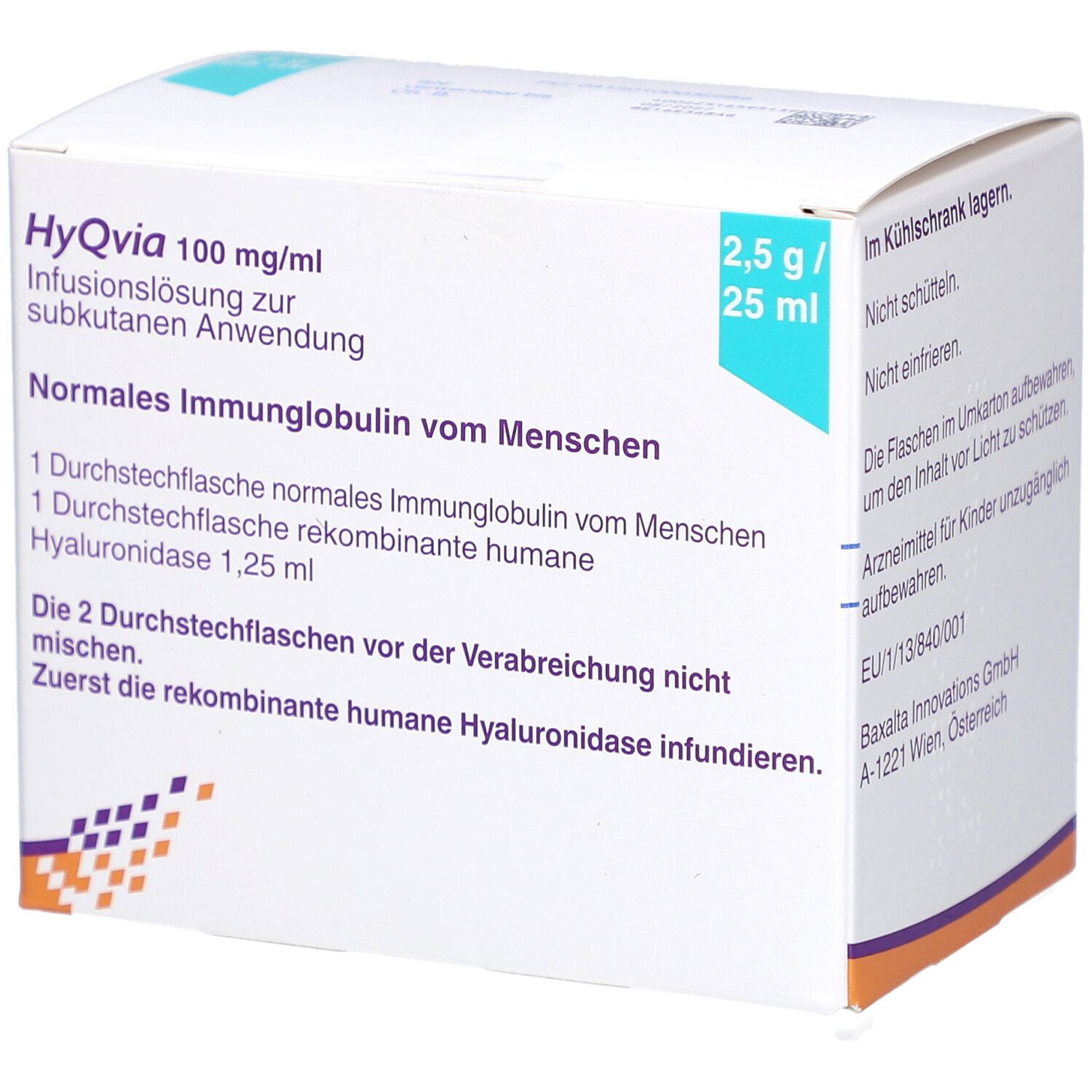 Karton mit Produktinformationen. Aufschrift: HyQvia 100 mg/ml, Infusionslösung. Enthält normales Immunglobulin vom Menschen.