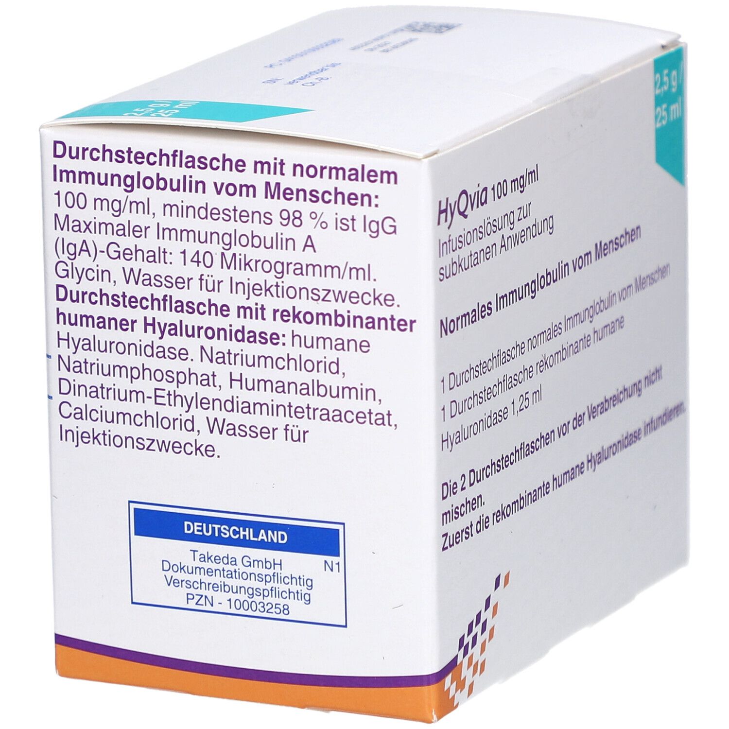 Karton mit Produktinformationen. Aufschrift: HyQvia 100 mg/ml, Infusionslösung. Enthält normales Immunglobulin vom Menschen.