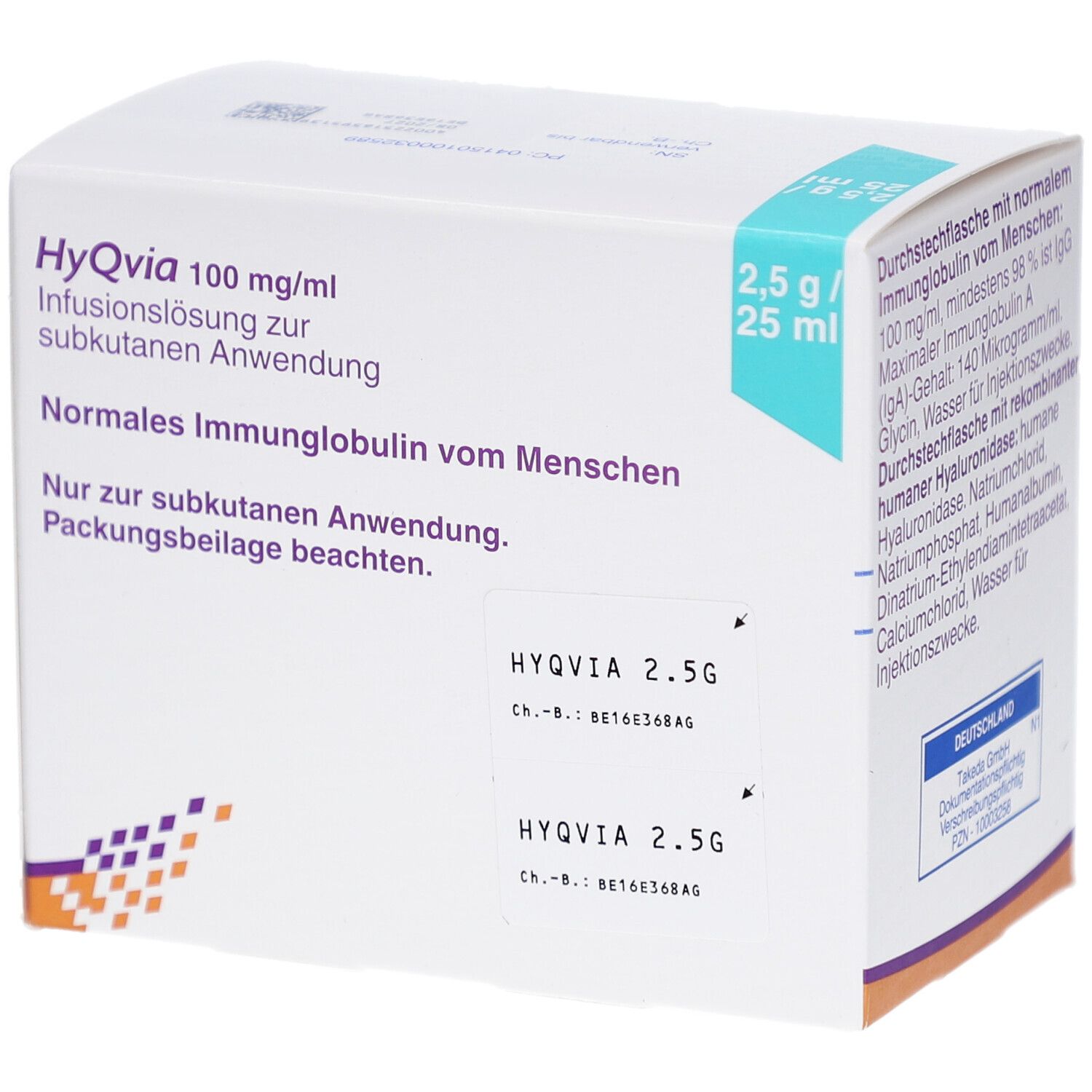 Karton mit Produktinformationen. Aufschrift: HyQvia 100 mg/ml, Infusionslösung. Enthält normales Immunglobulin vom Menschen.
