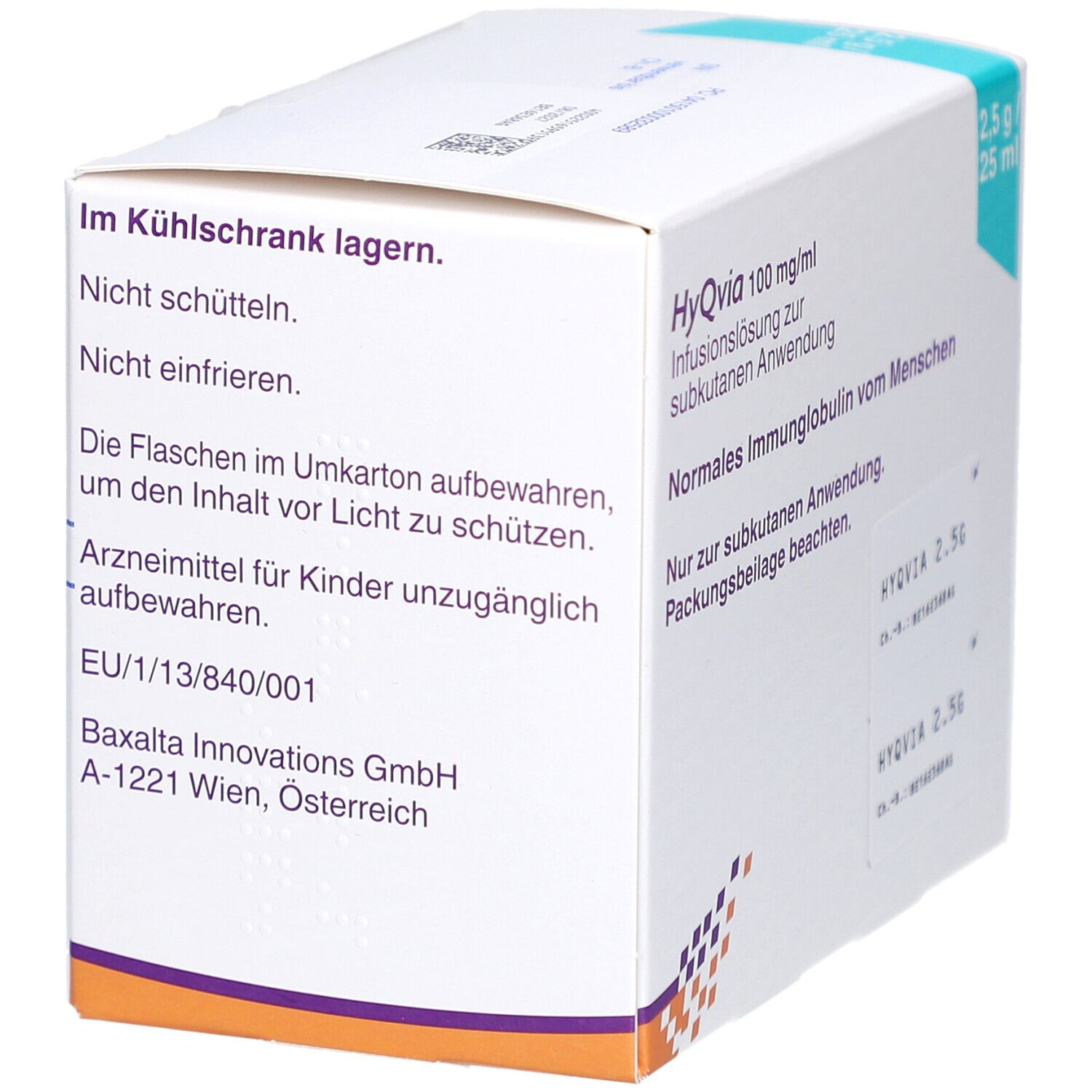 Karton mit Produktinformationen. Aufschrift: HyQvia 100 mg/ml, Infusionslösung. Enthält normales Immunglobulin vom Menschen.
