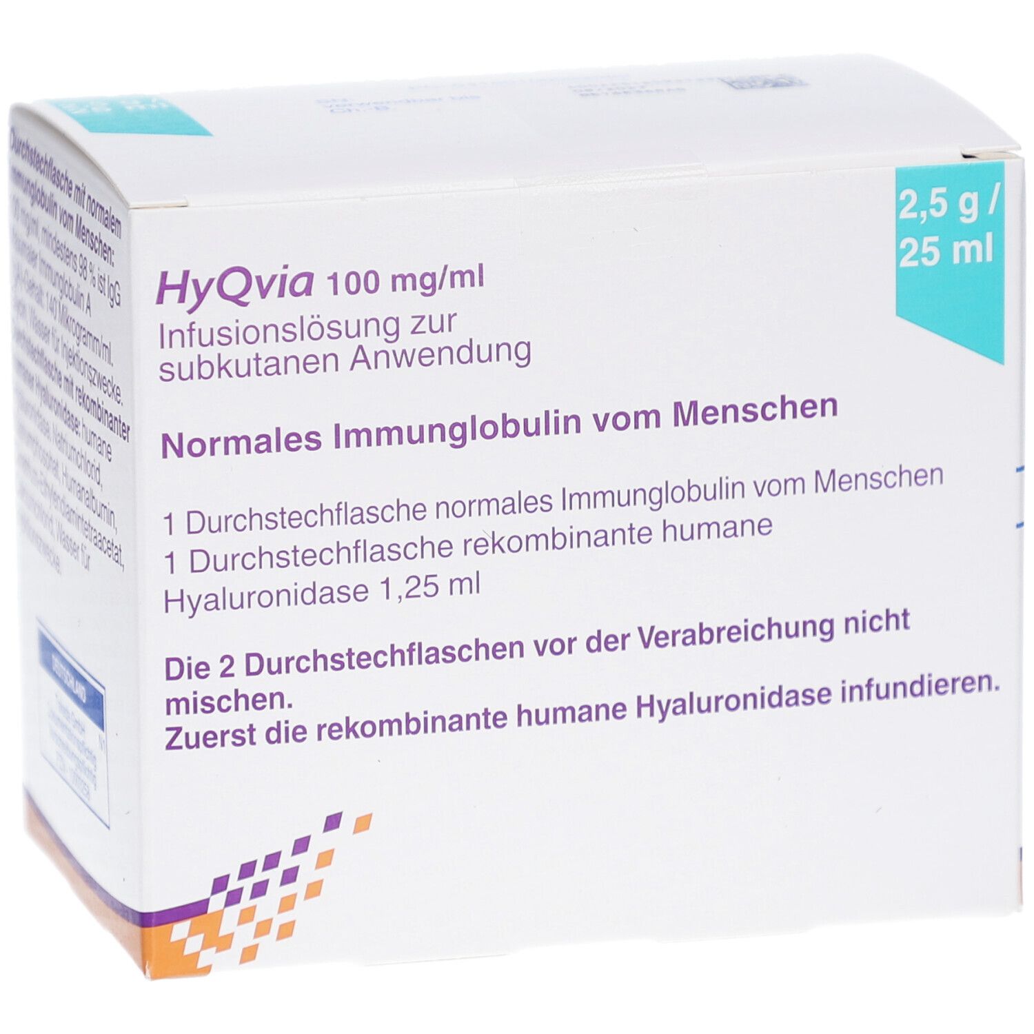 Karton mit Produktinformationen. Aufschrift: HyQvia 100 mg/ml, Infusionslösung. Enthält normales Immunglobulin vom Menschen.