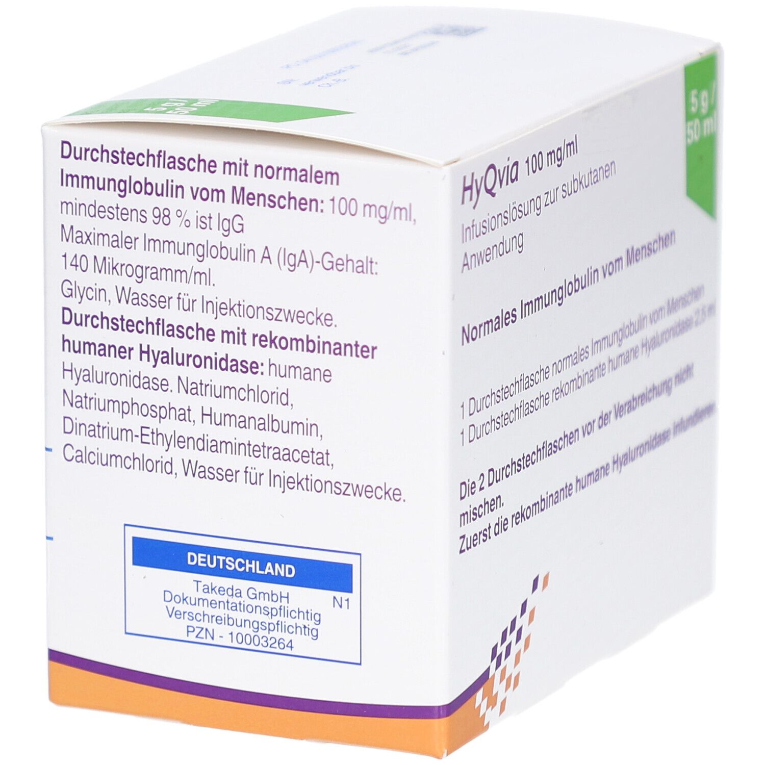 Weißer Karton mit Text. Enthält Informationen zu HyQvia, einschließlich Zusammensetzung und Herstellerinformationen.