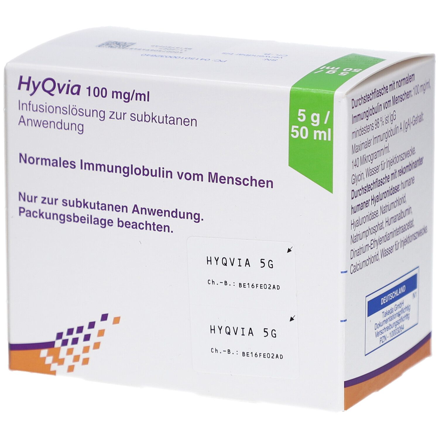Weißer Karton mit HyQvia-Logo und Text. Enthält 5 g/50 ml. Mit Chargennummern und Deutschland-Kennzeichnung.