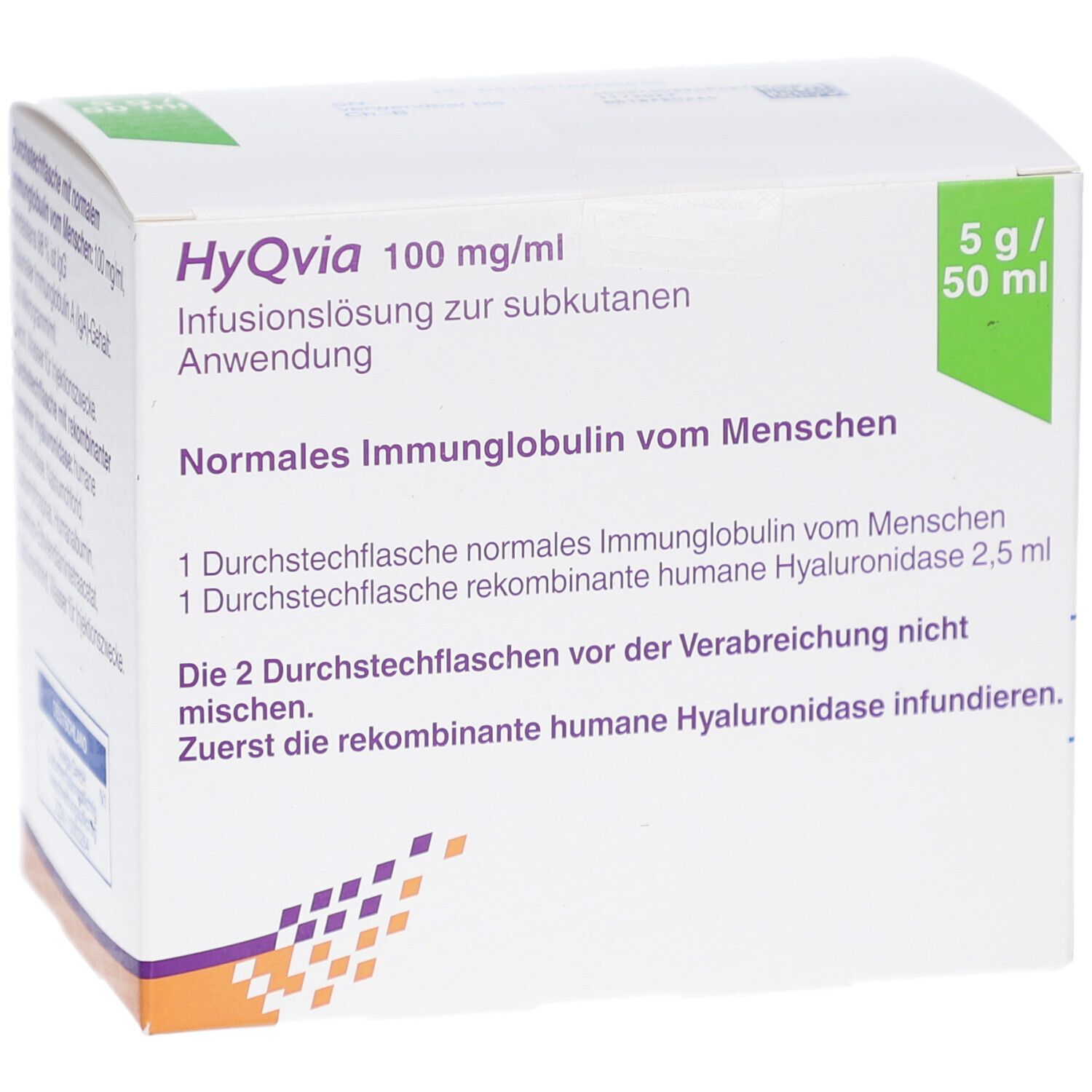Weißer Karton mit HyQvia-Logo und Text. Enthält 5 g/50 ml. Aufschrift: Normales Immunglobulin vom Menschen.