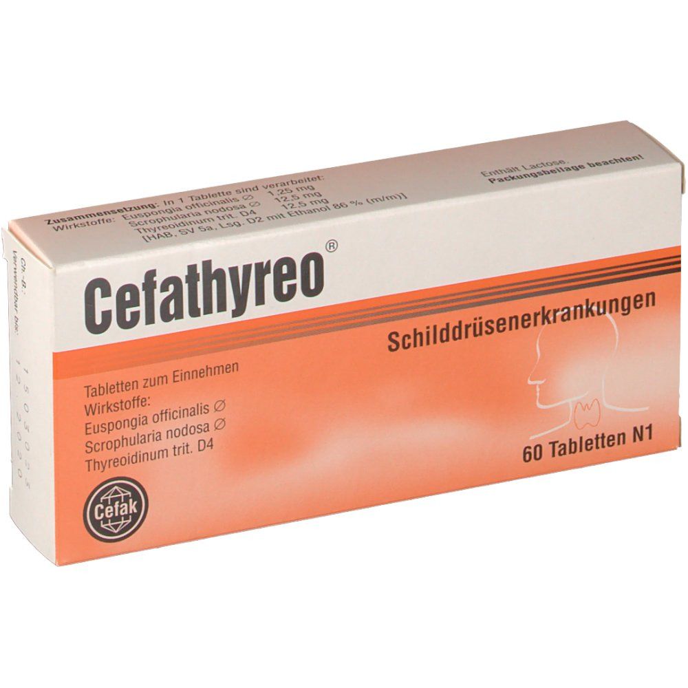 Cefathyreo®-Packung. Weiß-orangefarbene Schachtel mit Produktnamen, Inhaltsstoffen und 60 Tabletten. Illustration des Halses.