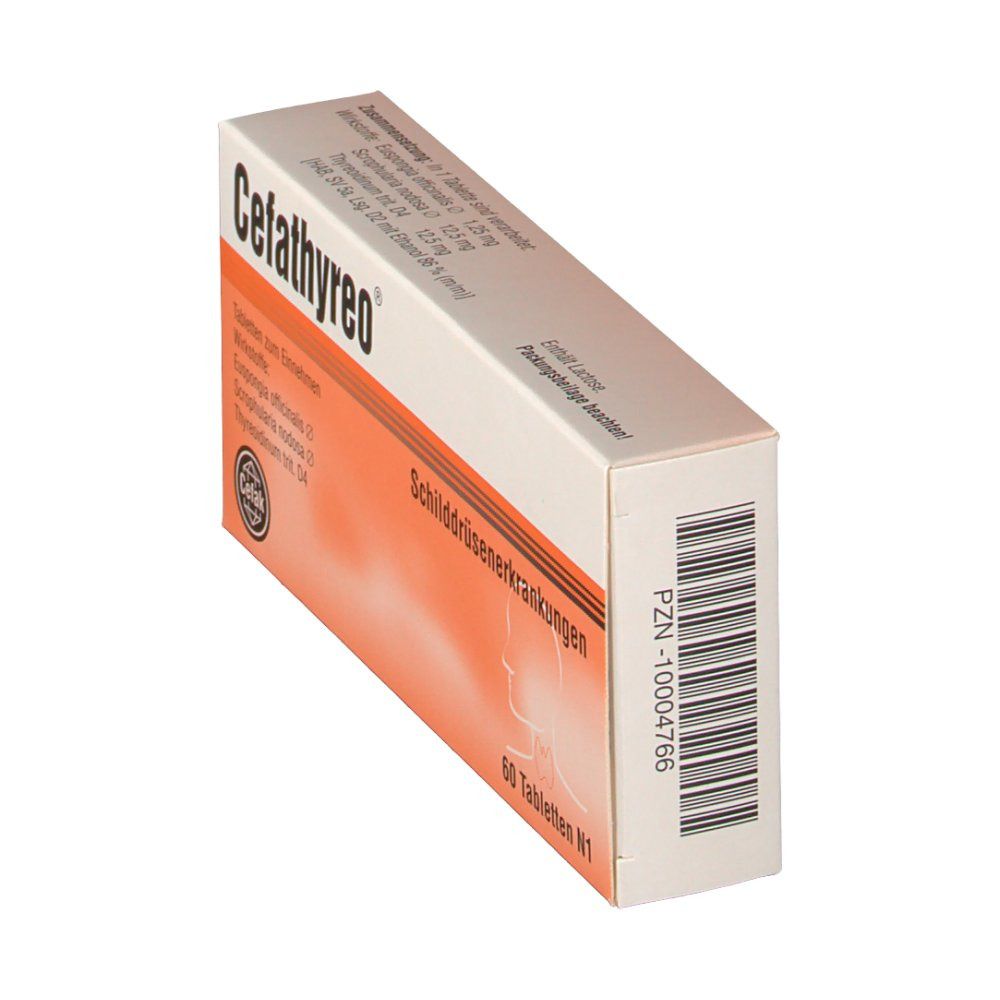 Cefathyreo®-Packung, schräg. Weiß-orangefarbene Schachtel mit Produktnamen und Barcode. Aufschrift: Schilddrüsenerkrankungen.