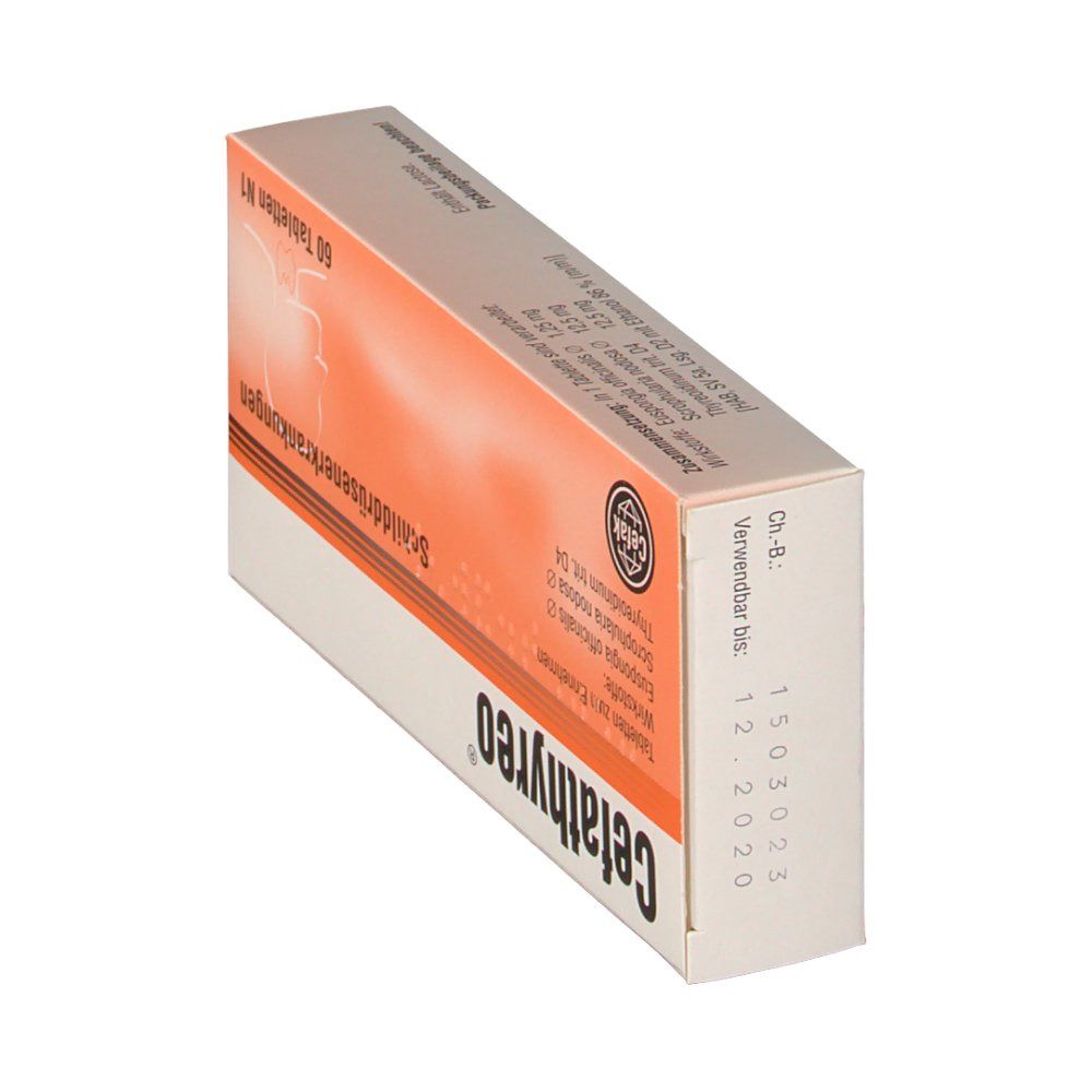 Cefathyreo®-Packung, schräg. Weiß-orangefarbene Schachtel mit Produktnamen und Verfallsdatum. Aufschrift: Schilddrüsenerkrankungen.