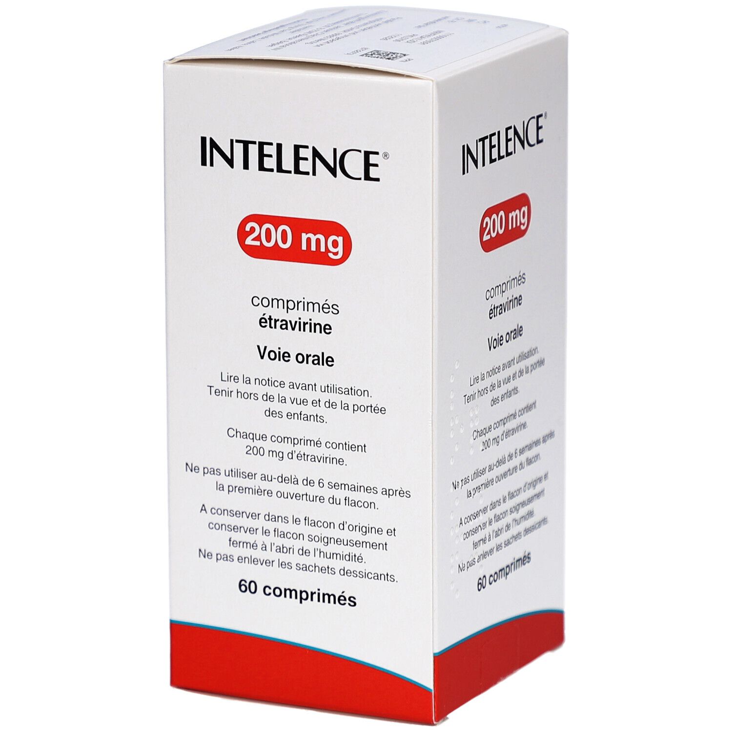 Schachtel mit Intelence 200 mg Tabletten. Aufschrift: 200 mg, comprimés étravirine, Voie orale. 60 Tabletten.