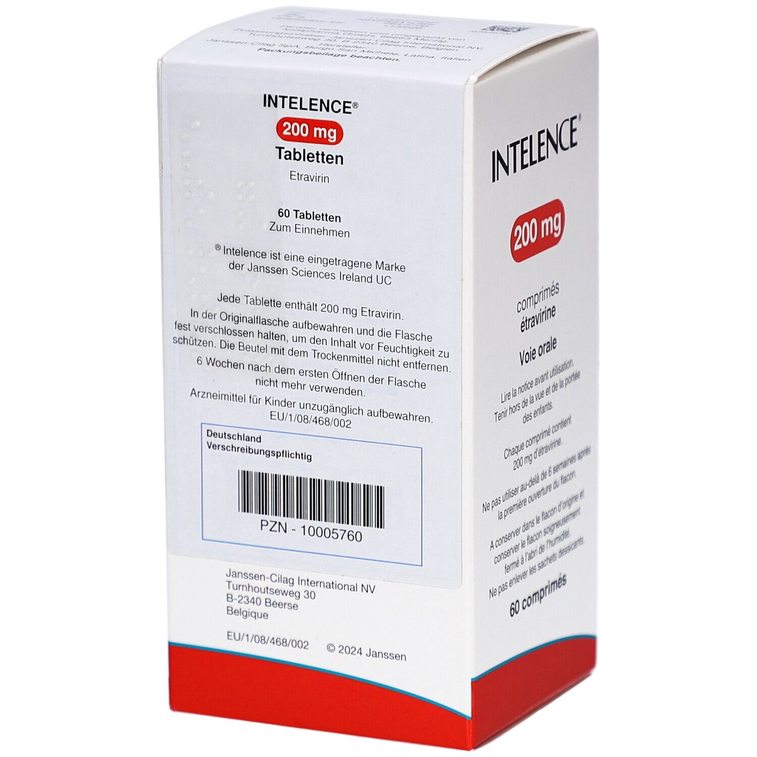 Rückseite der Schachtel mit Intelence 200 mg Tabletten. Enthält Informationen und PZN-Code.