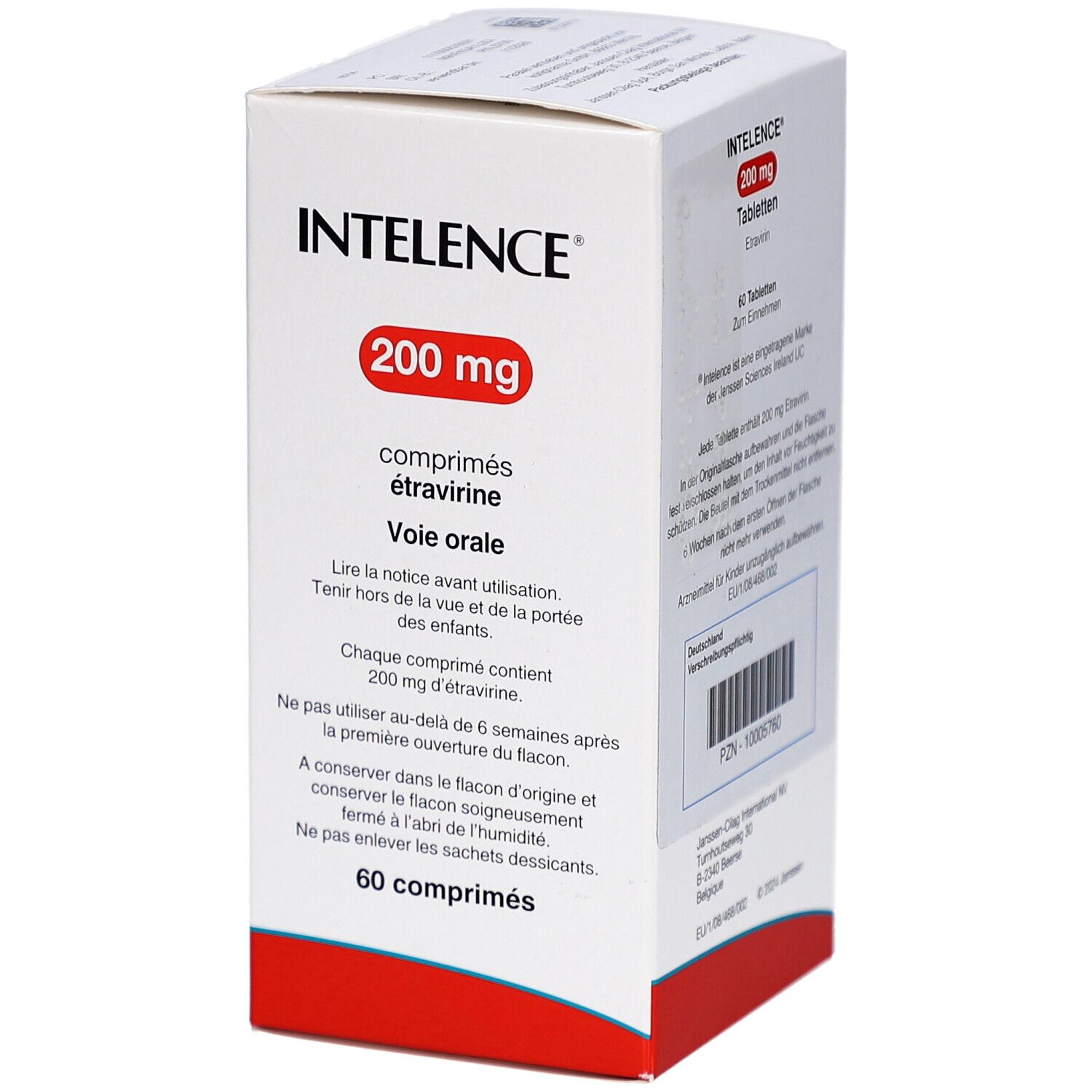 Schachtel mit Intelence 200 mg Tabletten. Aufschrift: 200 mg, comprimés étravirine, Voie orale. 60 Tabletten.