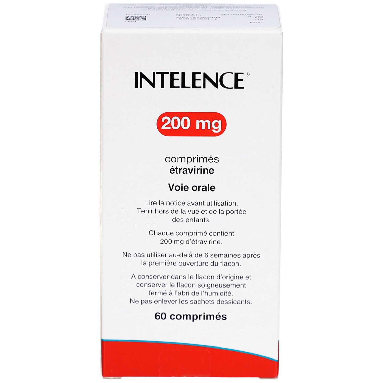 Schachtel mit Intelence 200 mg Tabletten. Aufschrift: 200 mg, comprimés étravirine, Voie orale. 60 Tabletten.