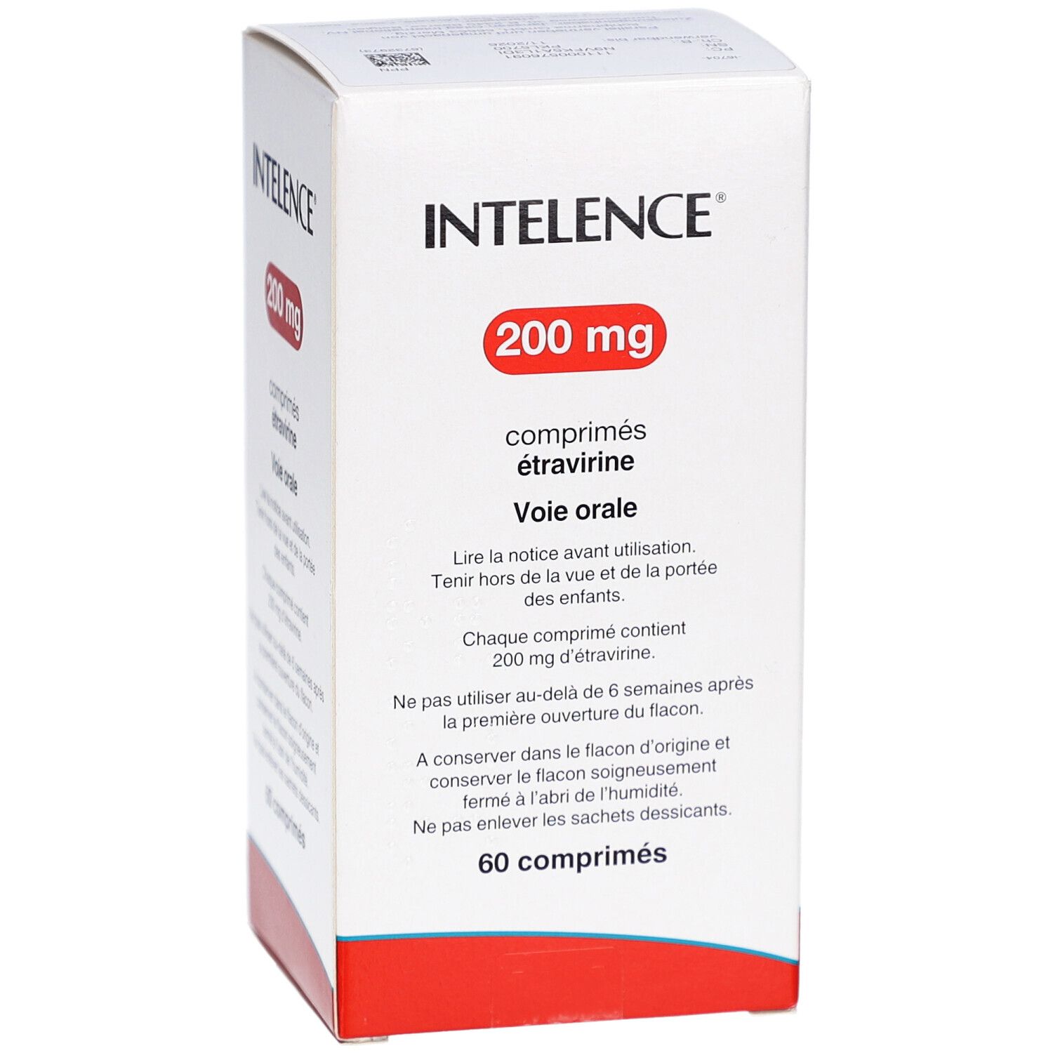 Schachtel mit Intelence 200 mg Tabletten. Aufschrift: 200 mg, comprimés étravirine, Voie orale. 60 Tabletten.