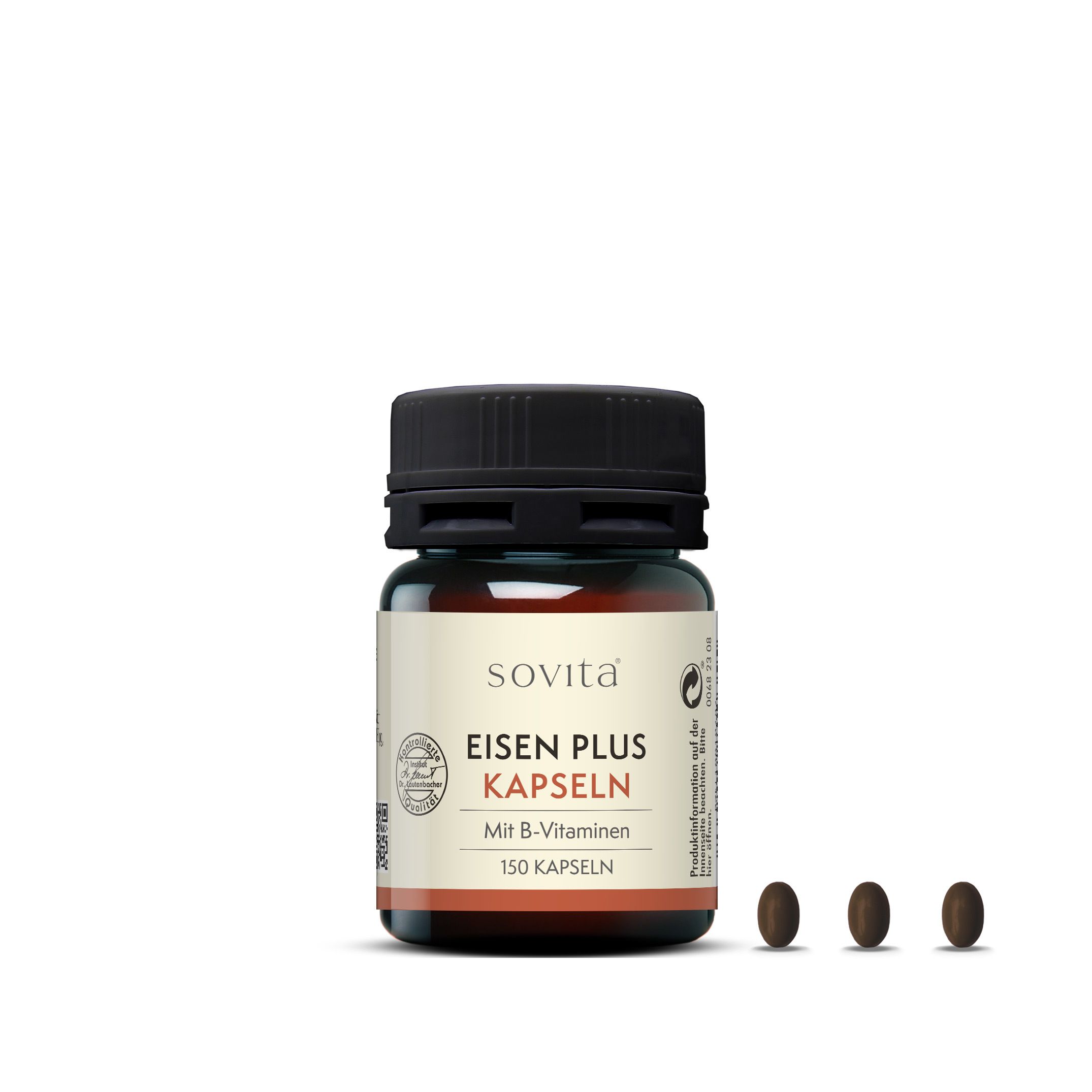 Braune Glasflasche mit schwarzem Deckel und drei braunen Kapseln daneben. Produkt: Eisen Plus Kapseln.