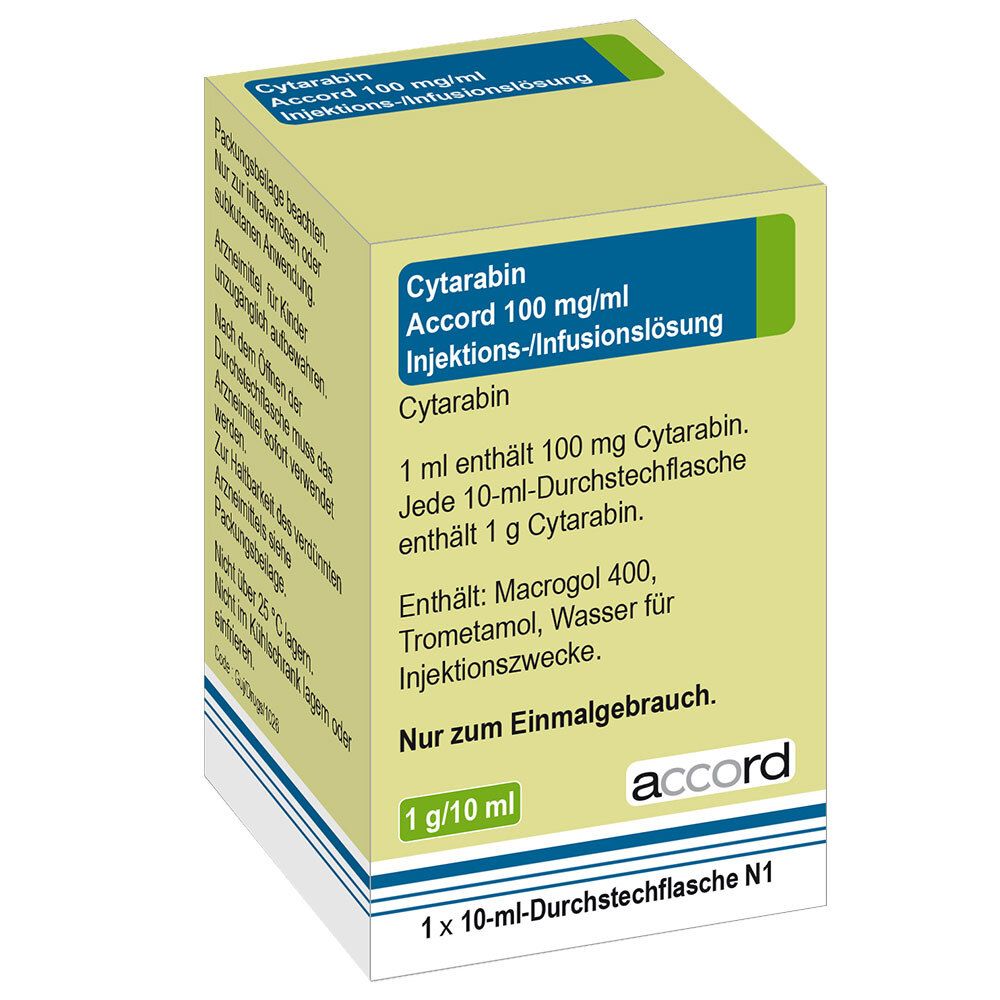 Karton mit Cytarabin Accord 100 mg/ml. Aufschrift: Injektions-/Infusionslösung. Marke: accord. 1 g/10 ml.