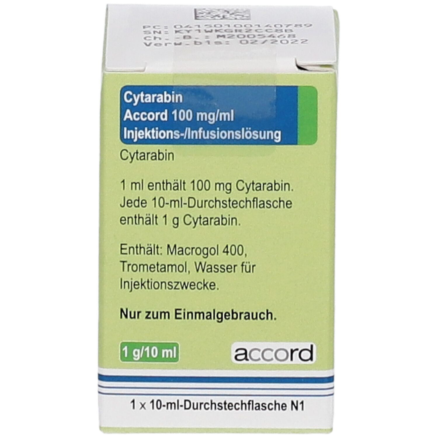 Karton mit Cytarabin Accord 100 mg/ml. Aufschrift: Injektions-/Infusionslösung. Marke: accord. 1 g/10 ml.