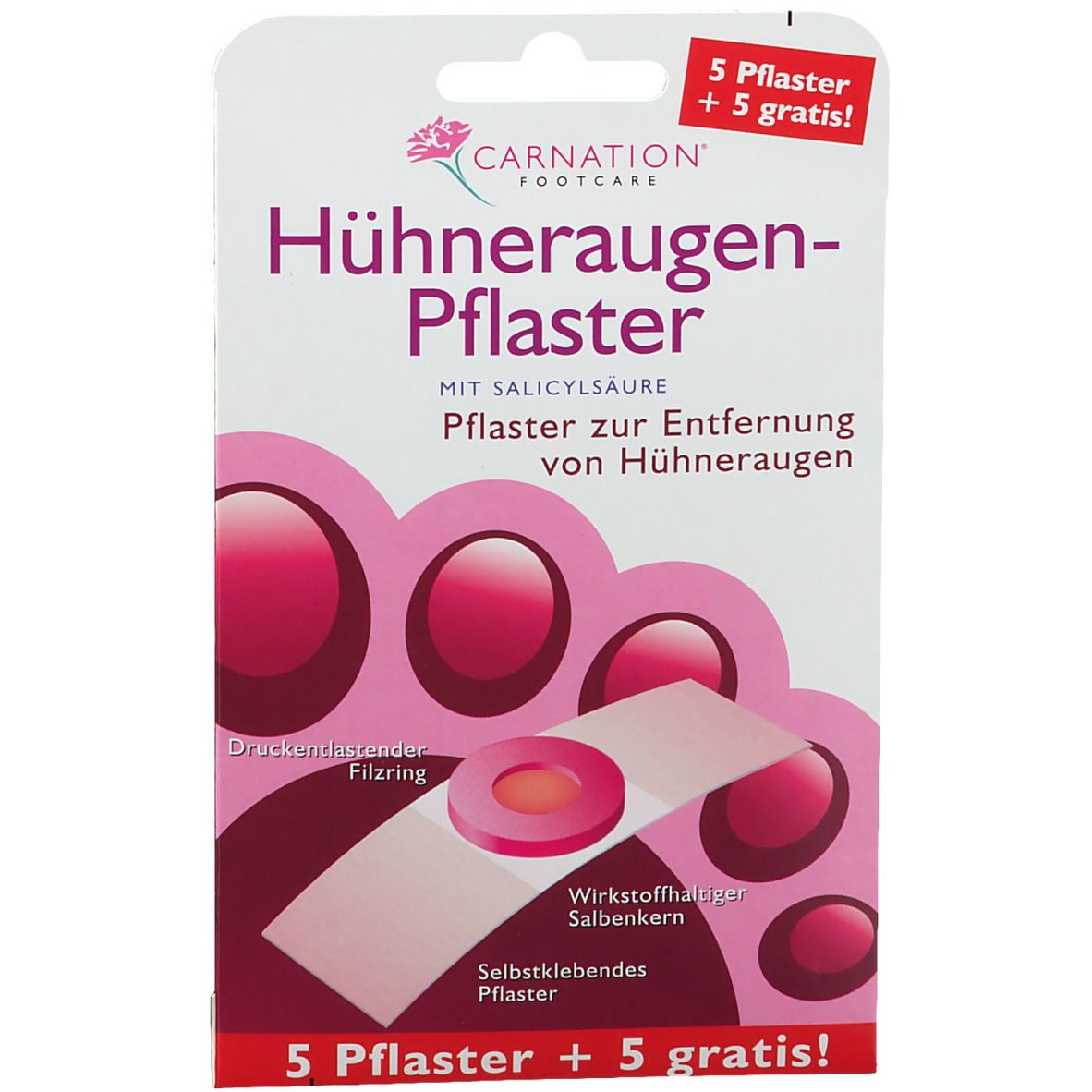 Verpackung mit Pflastern. Produktname: Hühneraugen-Pflaster. Enthält 5 Pflaster + 5 gratis. Rosa und weiße Farbgebung.