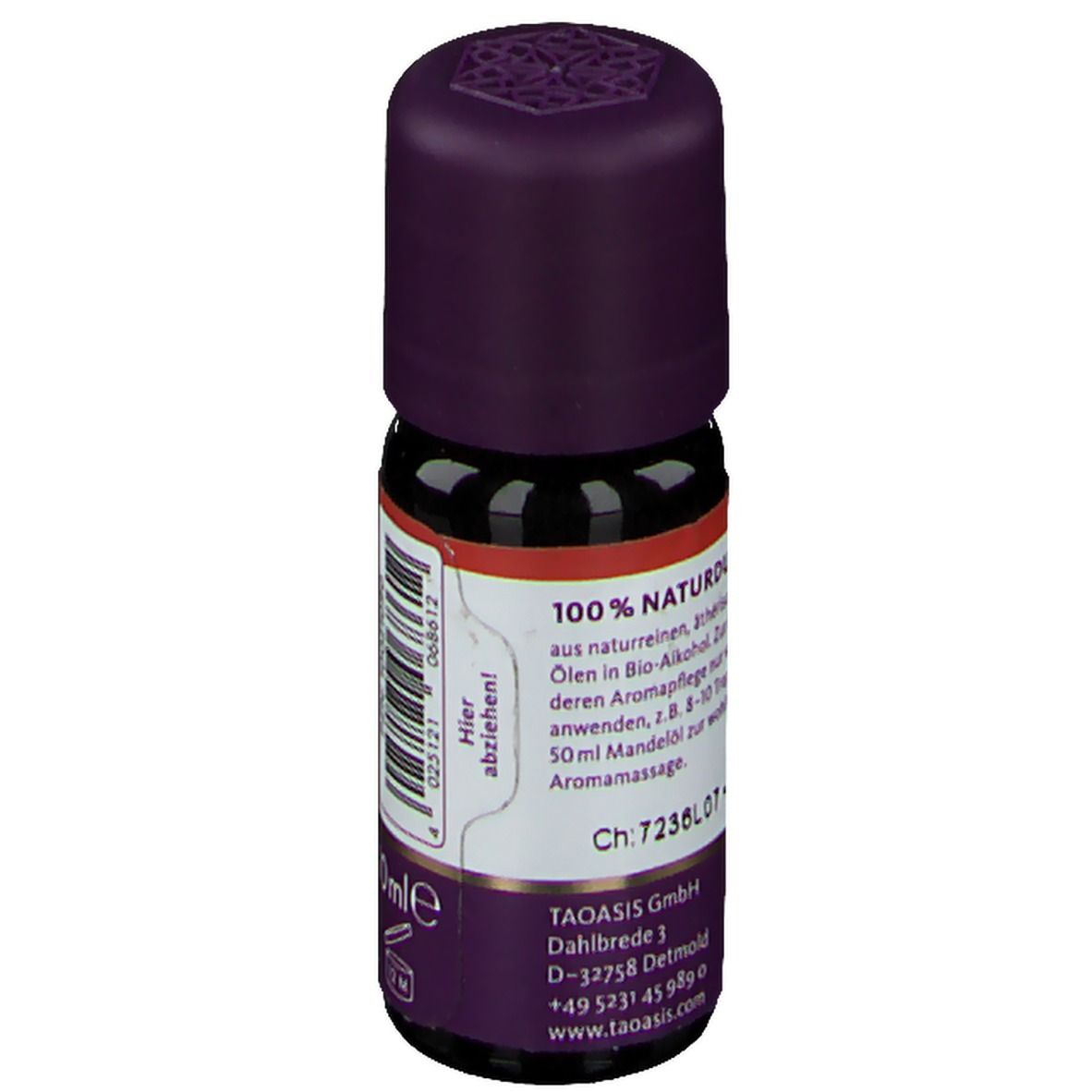Braune Glasflasche mit lila Verschluss. Etikett mit Text und "100% Naturduft". "TAOASIS" und "Rosenduft" sichtbar.