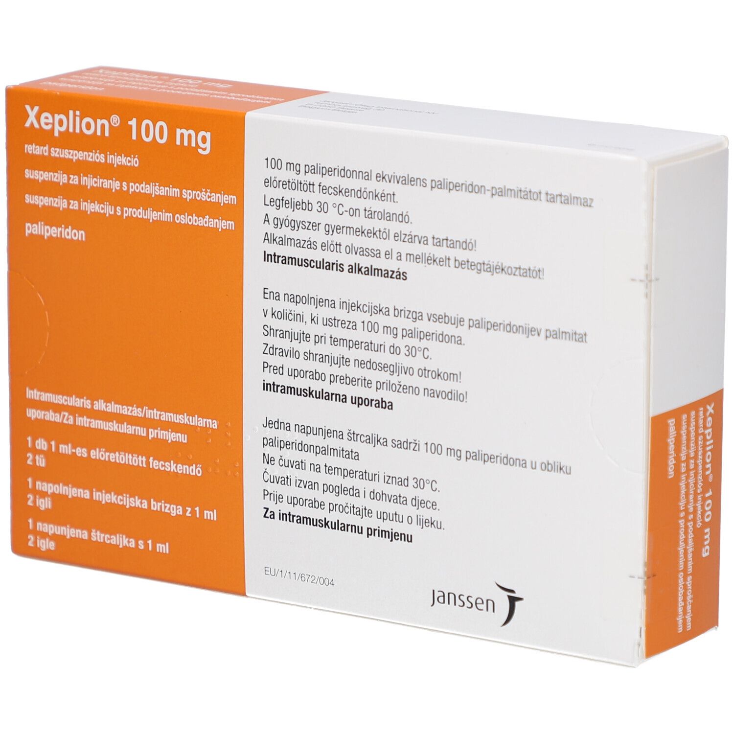 Verpackung von XEPLION 100 mg. Orange-weiße Schachtel mit Produktnamen und Text. Janssen-Logo.