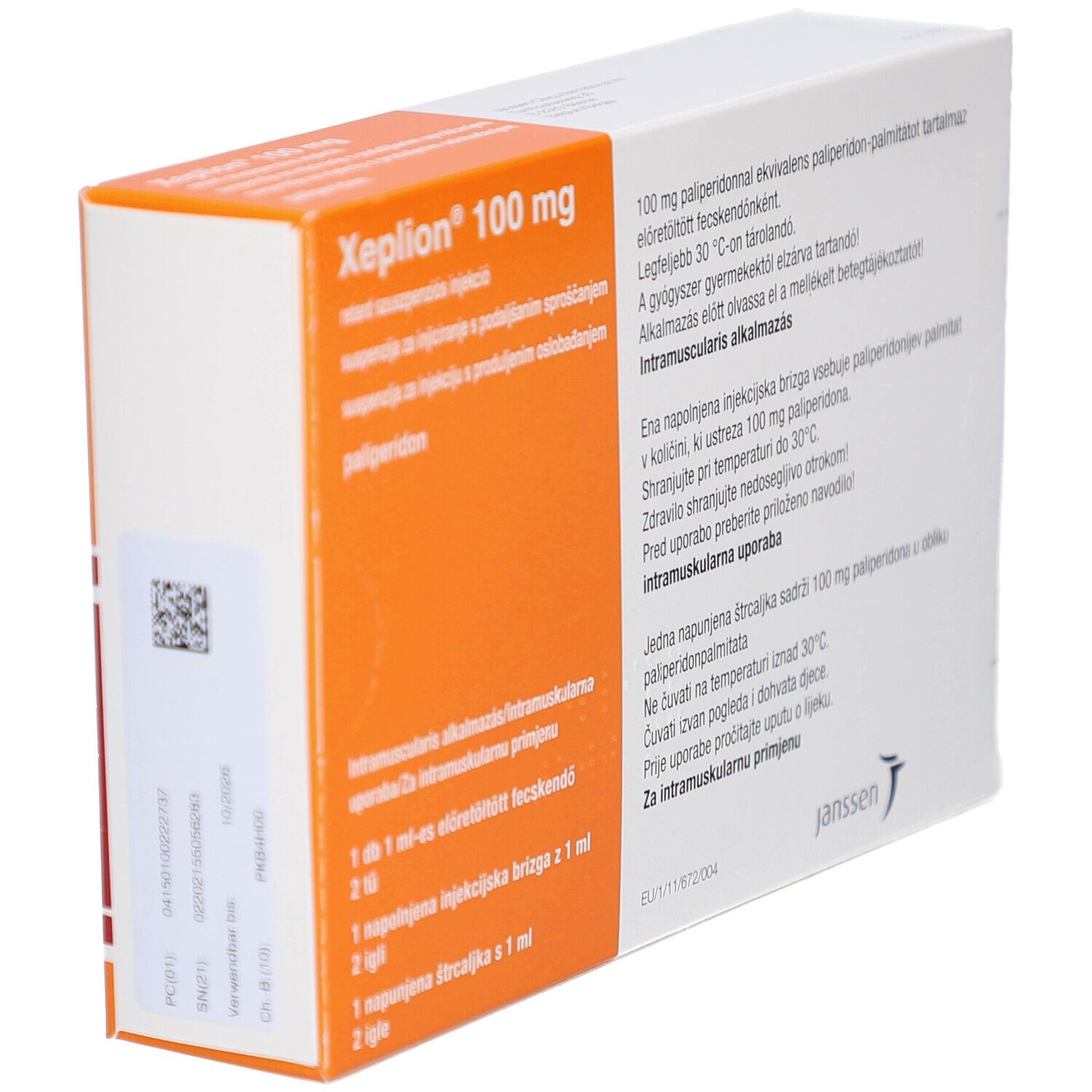 XEPLION 100 mg Verpackung, schräg. Orange-weiße Schachtel mit Produktnamen und Text. Janssen-Logo.
