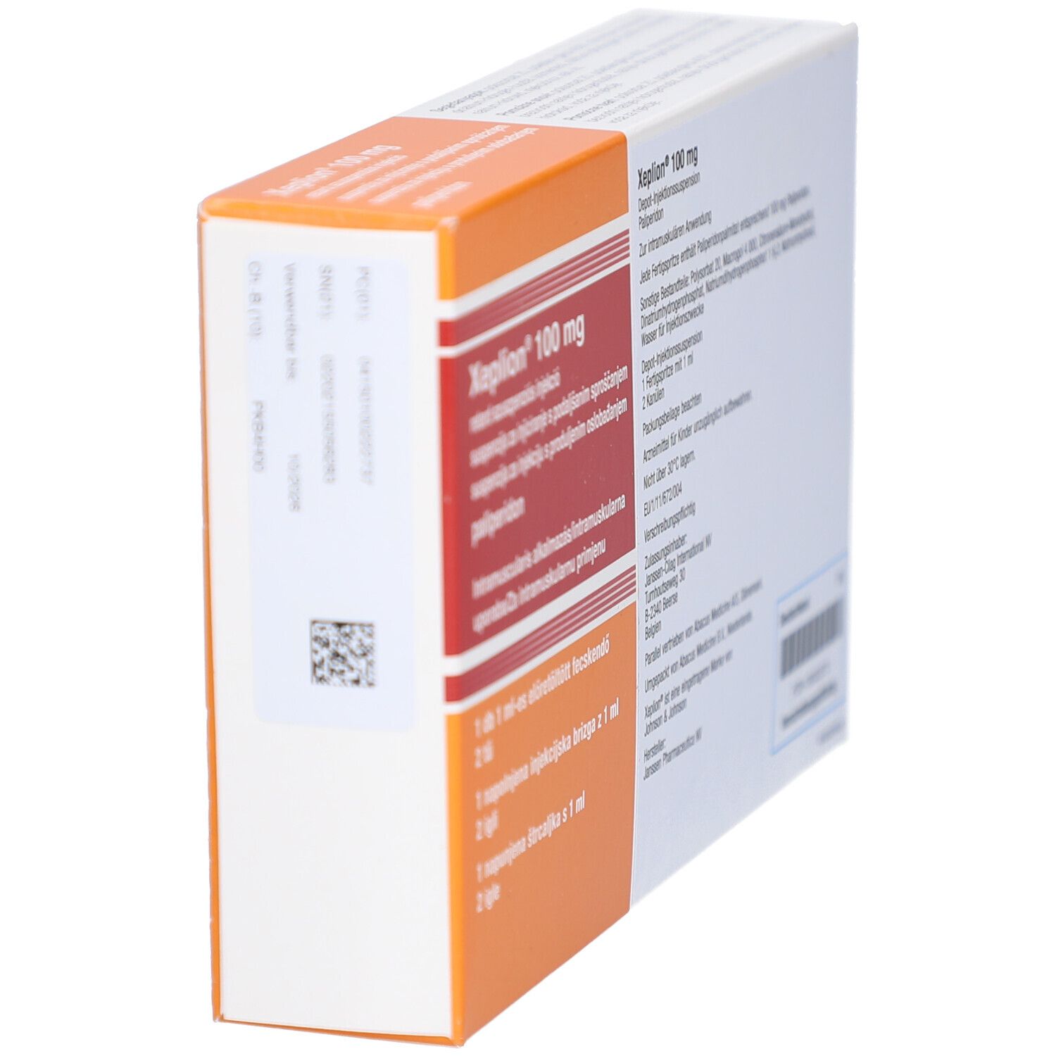 XEPLION 100 mg Verpackung, schräg. Orange-weiße Schachtel mit Produktnamen und Text. Janssen-Logo.
