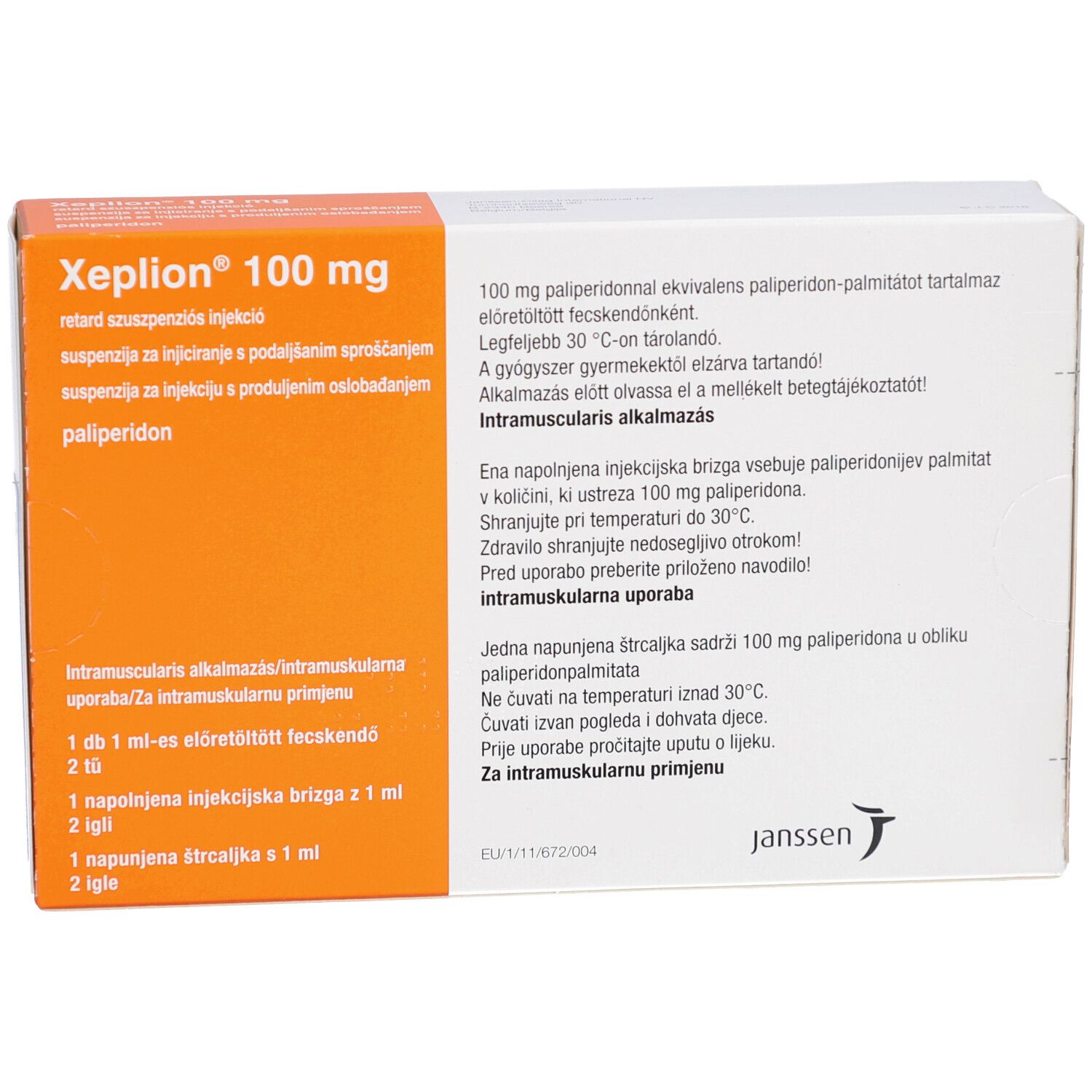 XEPLION 100 mg Verpackung. Orange-weiße Schachtel mit Produktnamen und Text. Janssen-Logo.