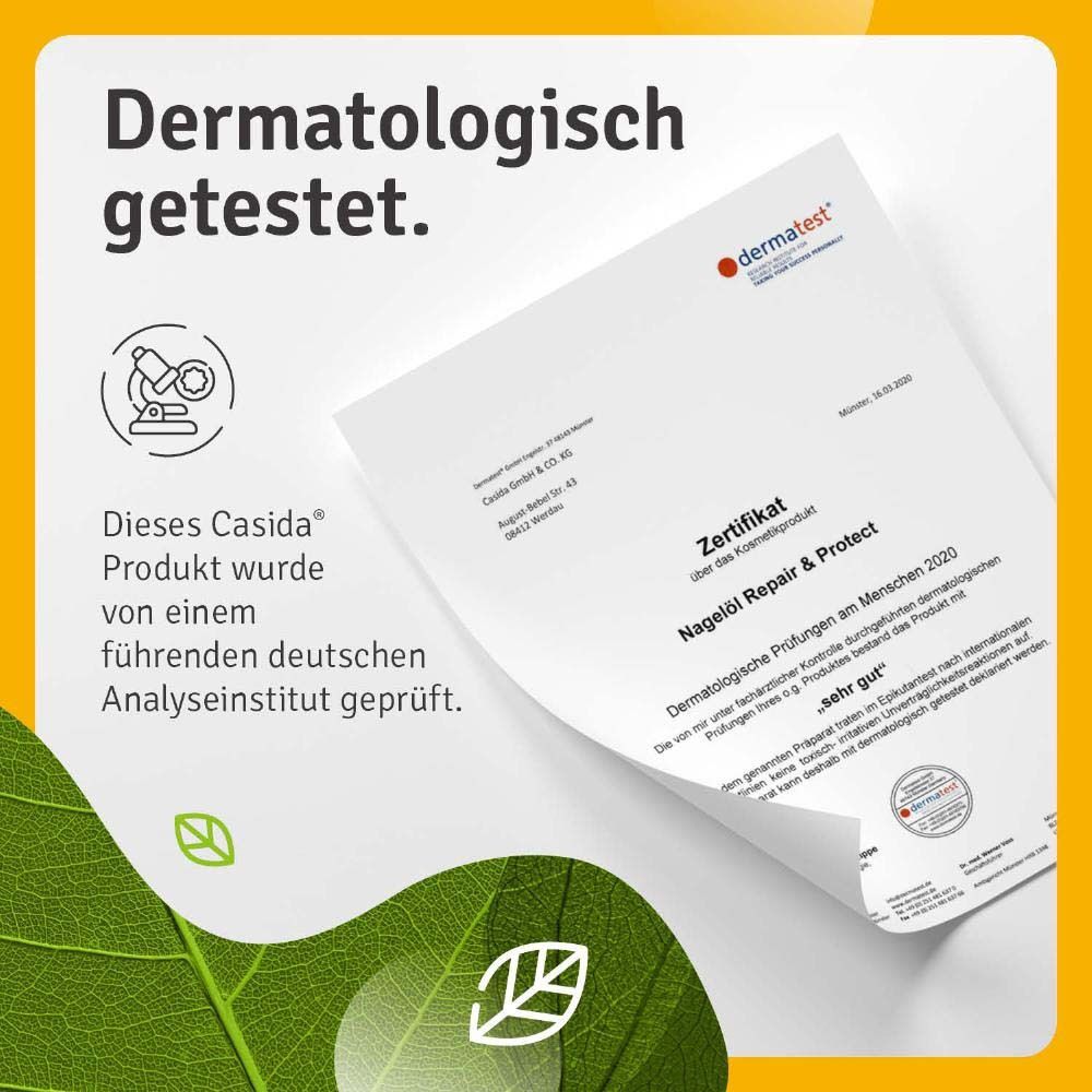 Dermatologisch getestetes Zertifikat für Nagelöl Repair & Protect. Geprüft von deutschem Institut.