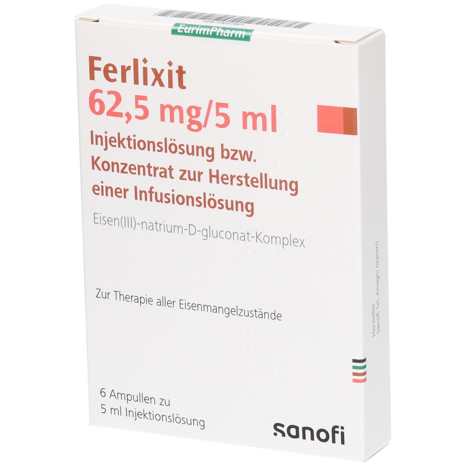 Ferlixit 62,5 mg/5 ml Injektionslösung: 6 Ampullen zu 5 ml, Eisen(III)-natrium-D-gluconat-Komplex.