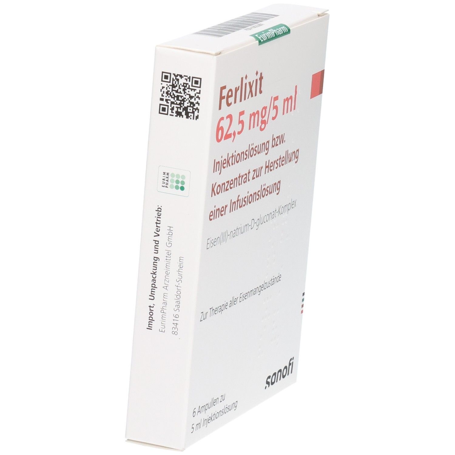 Ferlixit 62,5 mg/5 ml Injektionslösung: Rückseite mit Importeur- und Herstellerinformationen, QR-Code.