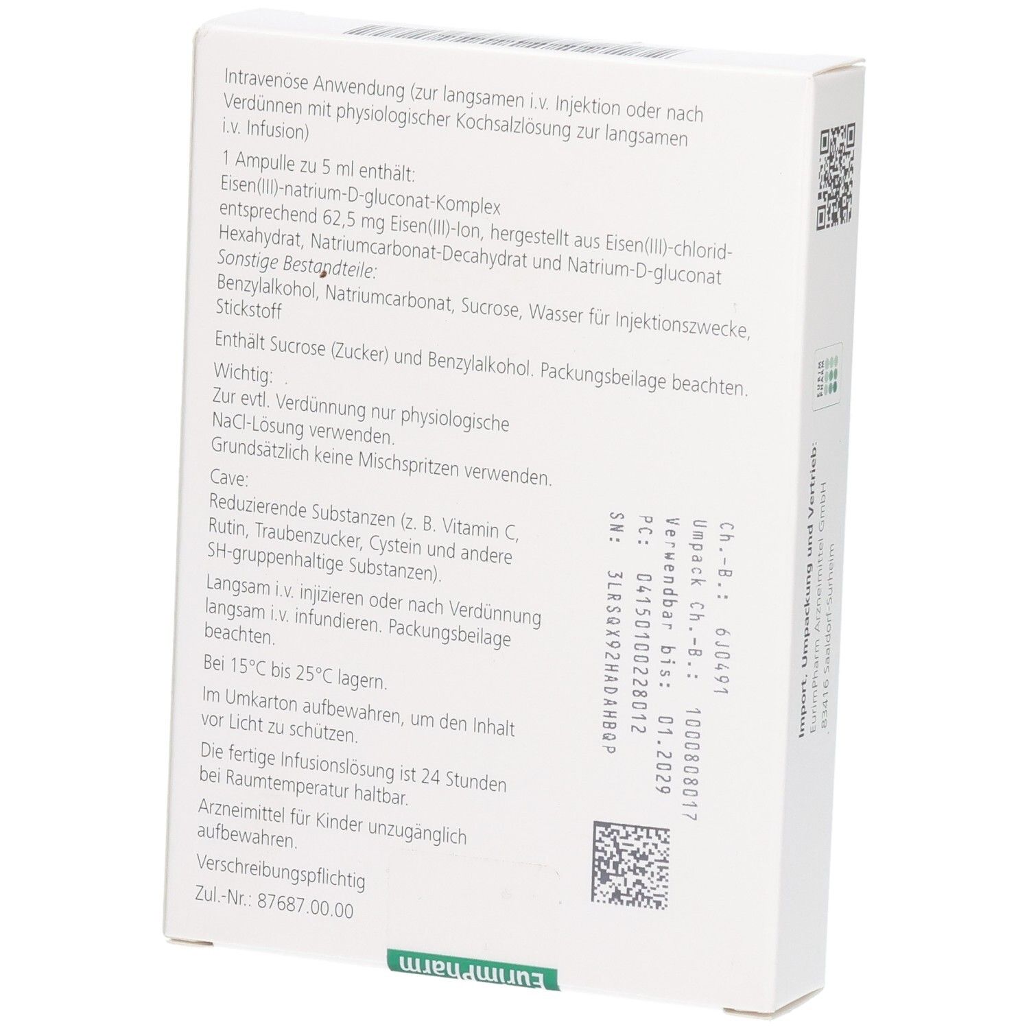 Ferlixit 62,5 mg/5 ml Injektionslösung: Rückseite mit detaillierten Anwendungshinweisen und Zusammensetzung.