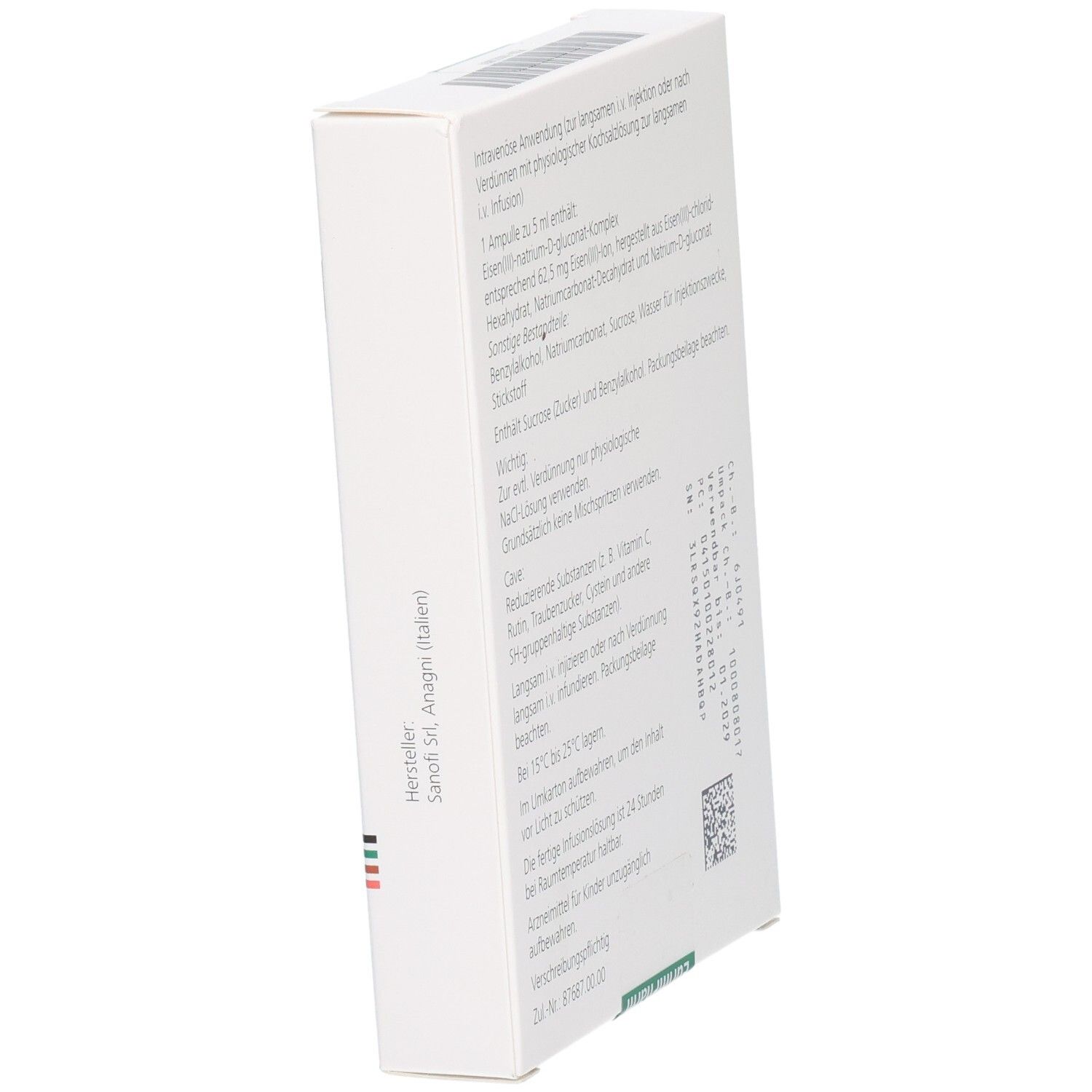 Ferlixit 62,5 mg/5 ml Injektionslösung: Seitenansicht mit Herstellerinformationen (Sanofi, Italien).