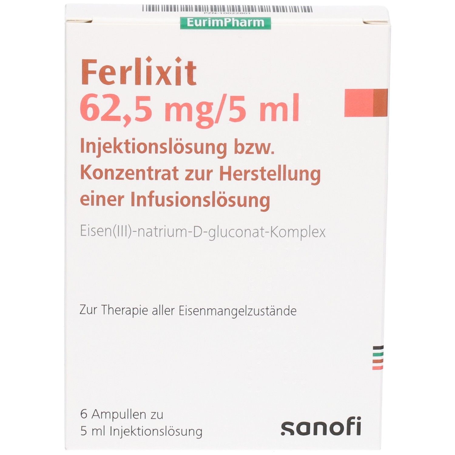 Ferlixit 62,5 mg/5 ml Injektionslösung: Vorderseite mit Produktname, Dosierung und Inhalt.